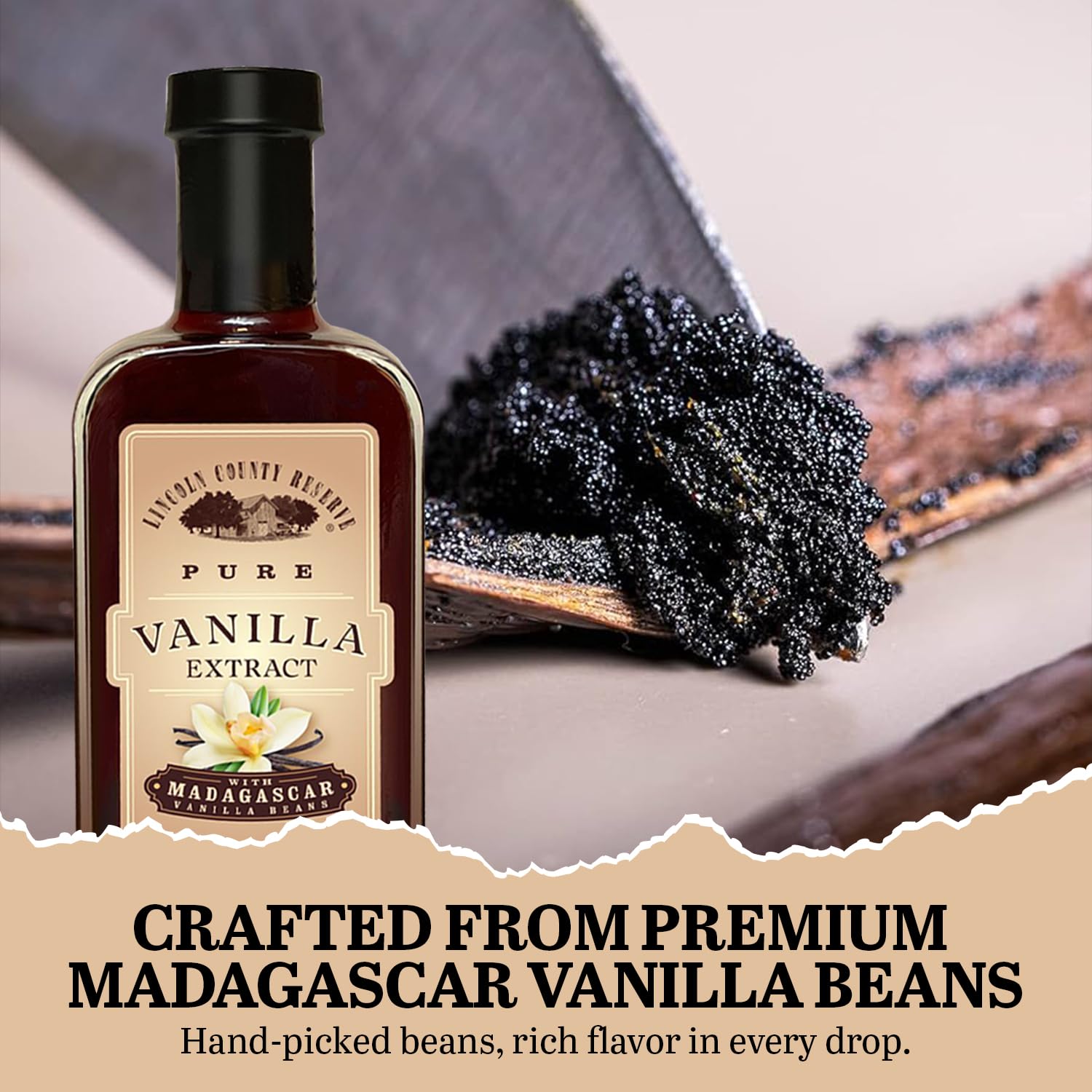 Madagascar Bourbon Pure Vanilla Extract, 12oz glass bottle. Pure Vanilla Extract for Baking and Cooking, Extracted and bottled in the USA by Lincoln County Reserve. Sugar Free and Gluten Free.
