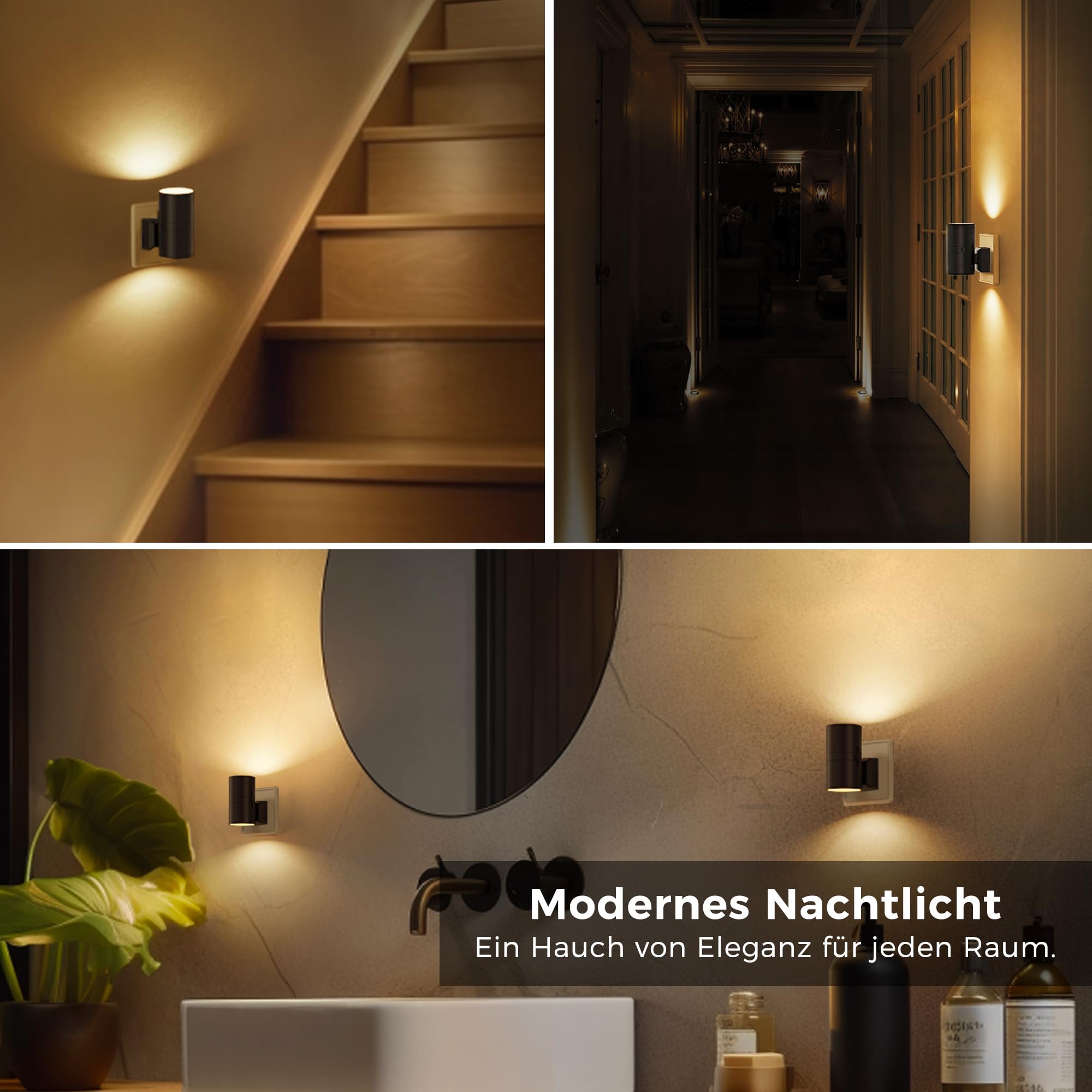 LOHAS-LED Luce notturna con sensore crepuscolare [1 pezzo], 0-100 lm, 3000 K, luce bianca calda, dimmerabile, per cameretta dei bambini, scale, corridoio, camera da letto, cucina, nero