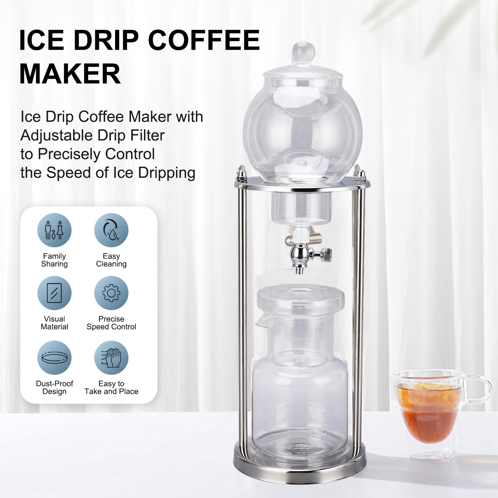 Cold-drip-kaffeemaschine, Cold Brew Tropfturm, Ice Cold Brew Dripper Kaffeemaschine, Wiederverwendbarer 600 ML Glasfilter Transparenter, Edelstahlständer DIY Coffee Maker Glaskaraffe