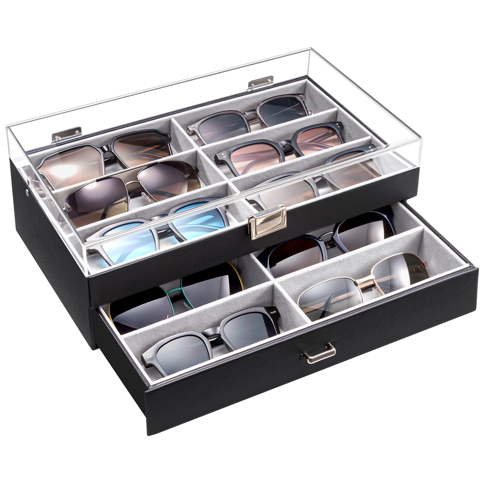 Procase Black 12 Slots Acrylic Clear Top Sunglass Organizer, 2 Layers Eyeglasses Case Multi Pairs Storage Eyewear Display Holder With Transparent Lid And Drawer