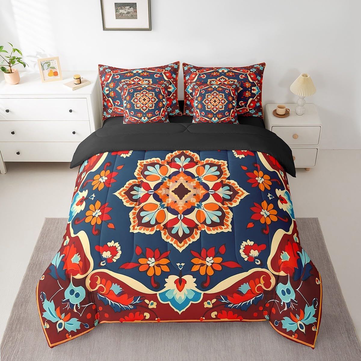 Oriental Bed in a Bag Vintage Bedding Set, Art Deco Floral Queen Comforter Set 7-Piece Boho Tribal Bedding Comforter Sets Traditional Aesthetic Bed Sheets Set, Hippie Paisley Mandala Decor Red