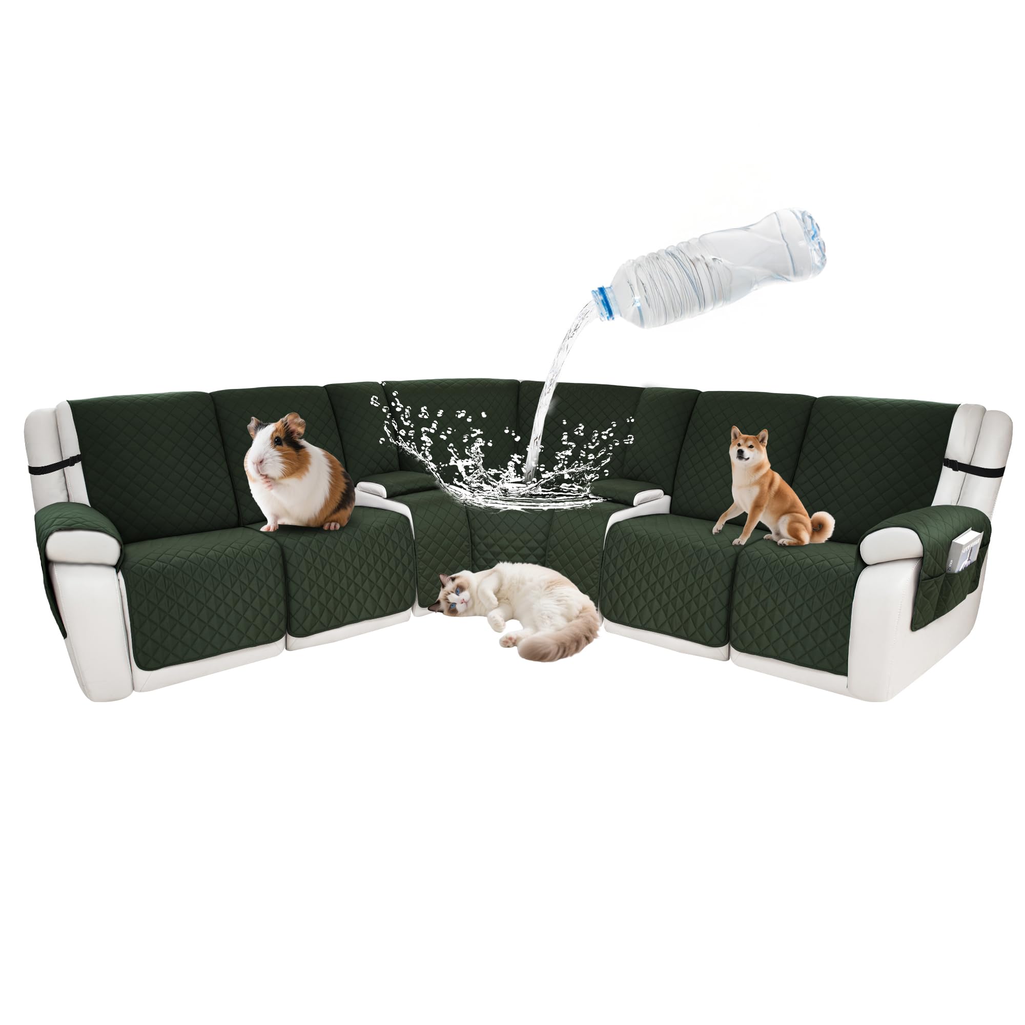 Waterproof Sectional Reclining Couch Covers L Shaped Recliner Sectional Sofa Cover 9 Piece Non Slip Washable Corner Recliner Slipcover Set for Pet Dog (5 Seater 2 Console Cover, Olive Green)