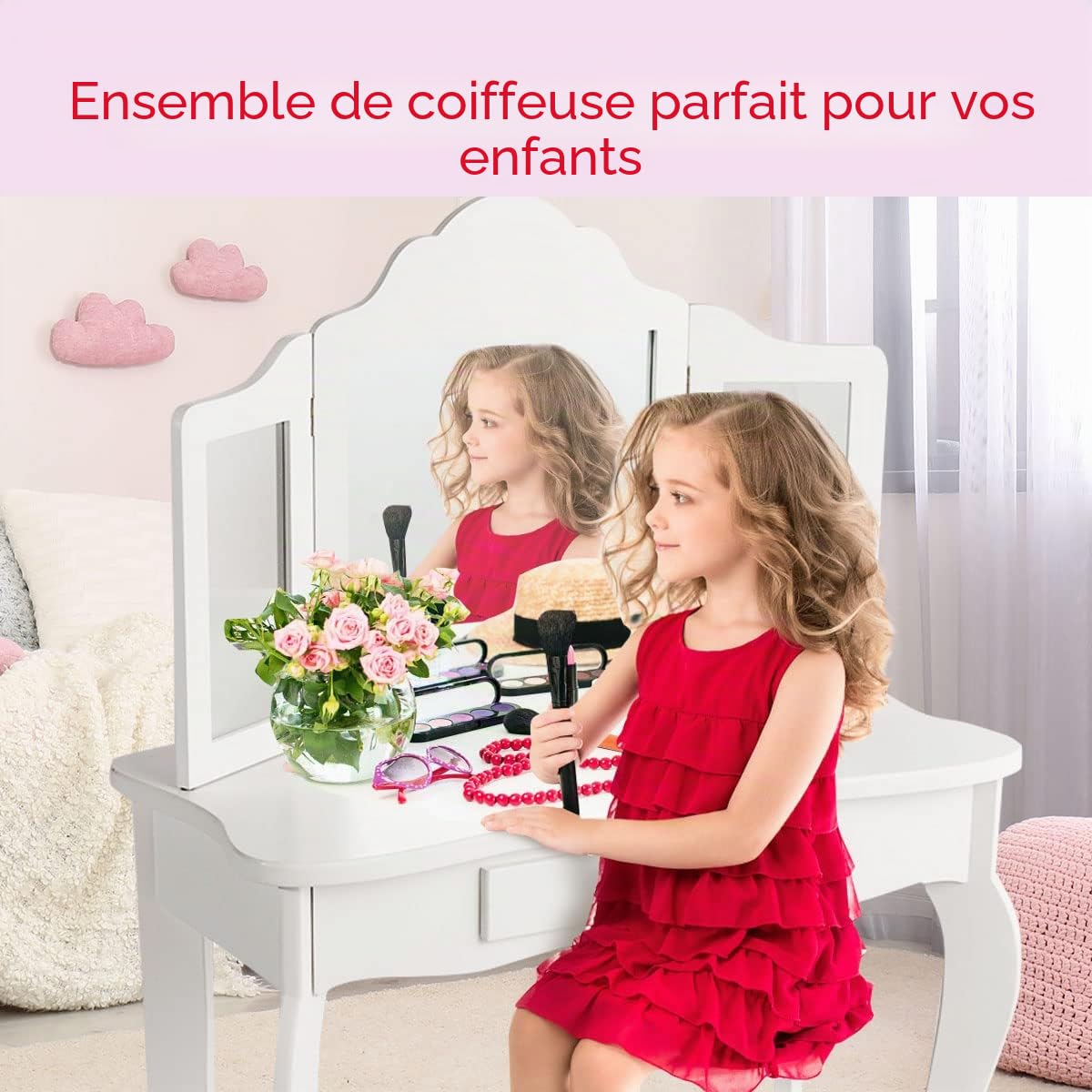 LIFEZEAL Coiffeuse Enfant 2 en 1 avec Tabouret et Tiroir, Coiffeuse Enfant Fille avec Miroir à 3 Volets Pliables, Table de Maquillage pour Enfants 3-7 Ans, 70x34x105cm (Blanc)