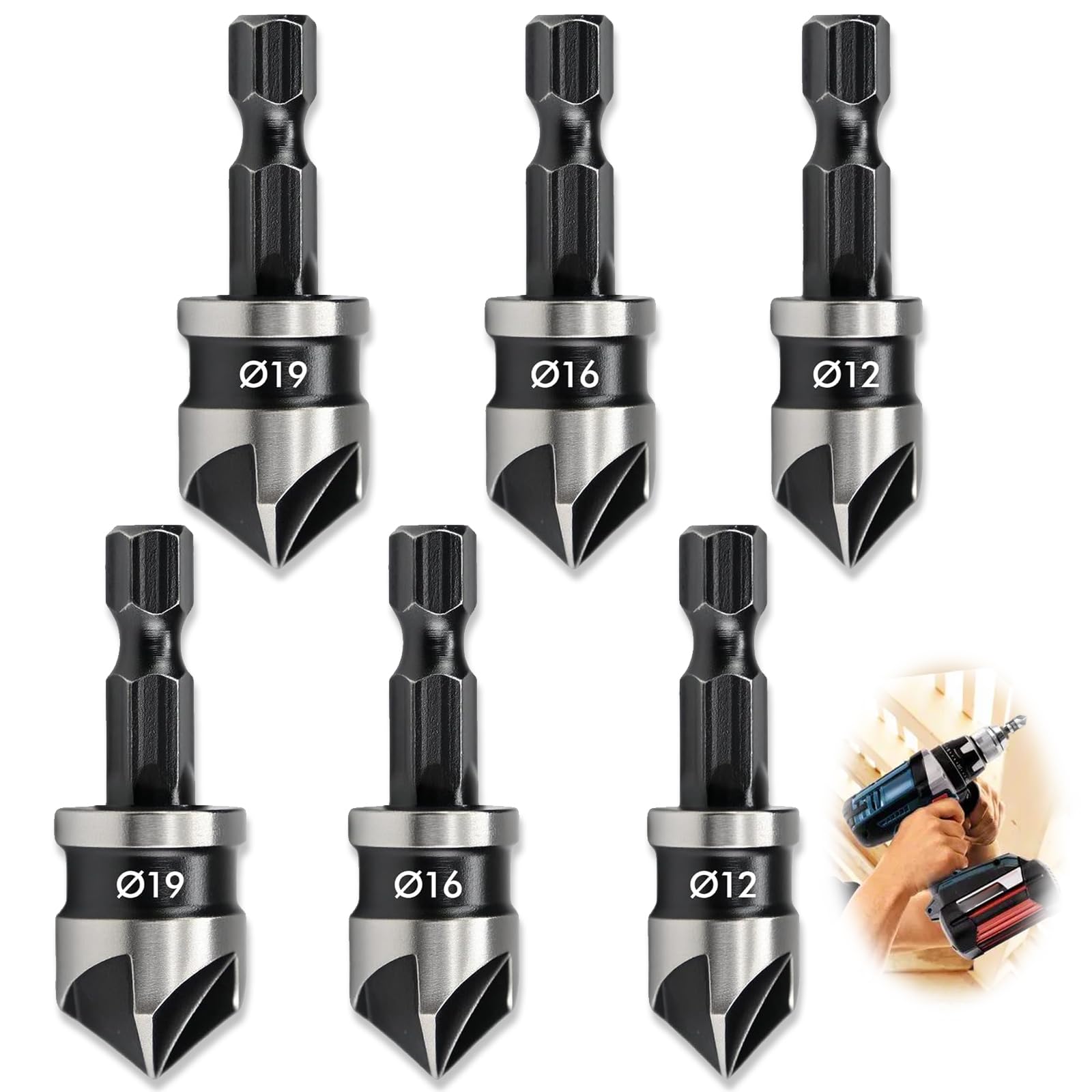 6 Pcs 1/4 Inch Hex Shank, Countersink Drill Bit - 12mm/16mm/19mm Counter Sink Drill Bits, 5 Flute 90 Woodworking Degree Chamfering Countersink