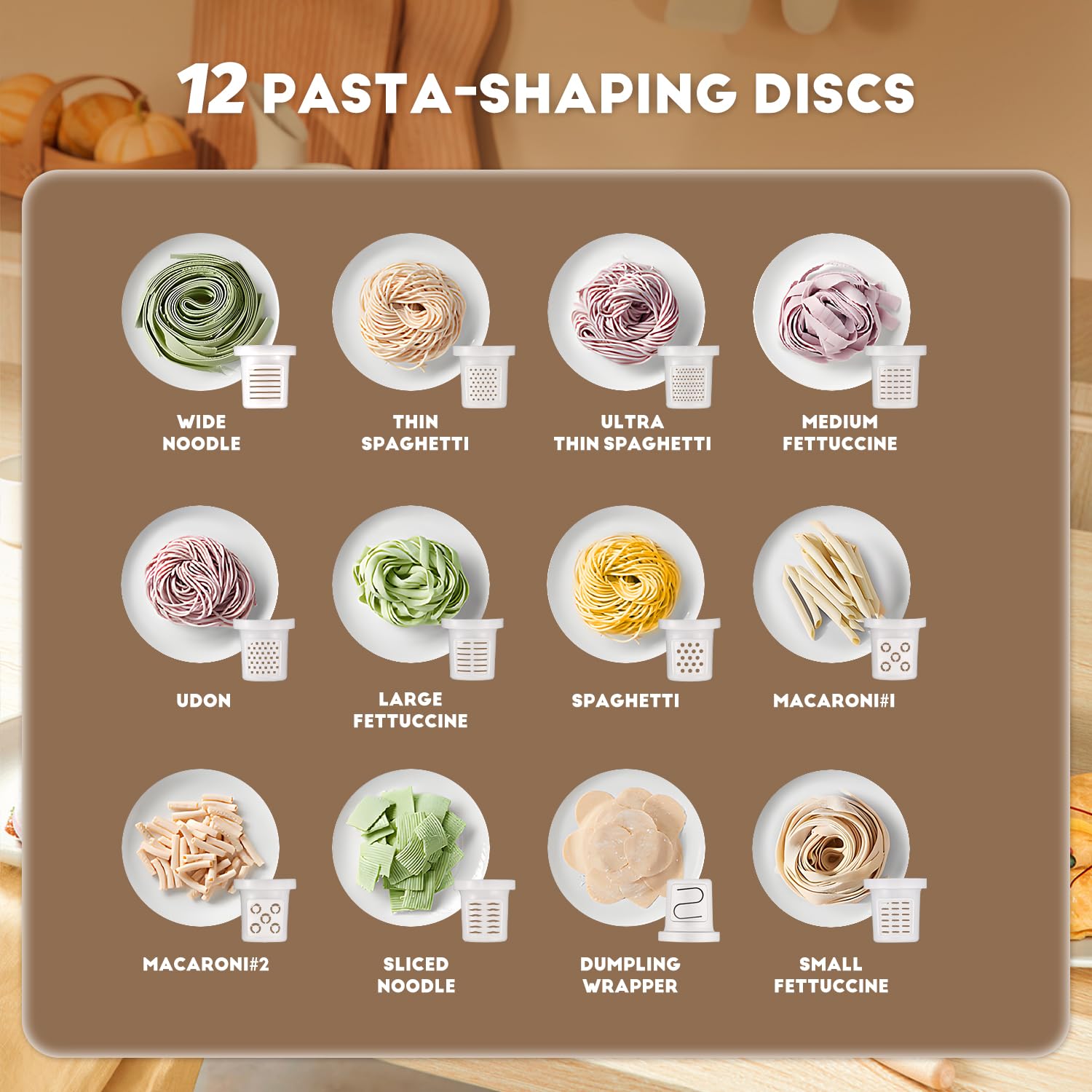 Moongiantgo Machine à Pâte Fraîche Électrique Laminoire, 3 Programmes Automatiques, Boîte de Rangement avec 12 Disques de Mise En Forme pour Nouilles Spaghetti Fettuccine, Jusqu'à 500g de Farine, 260W