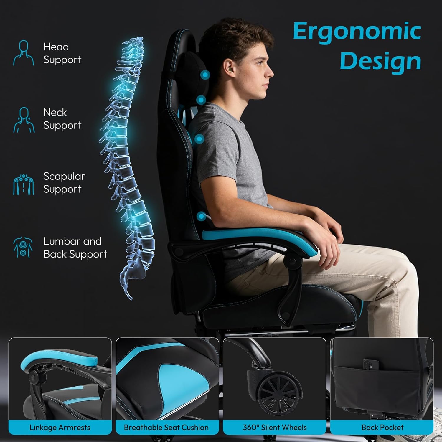 Ergonomic Gaming Chair for Adults with Footrest - Height Adjustable Reclining Gamer Chair 135° with Headrest and Lumbar Support, Comfy Video Game Computer Desk Chair for Home Office, Blue