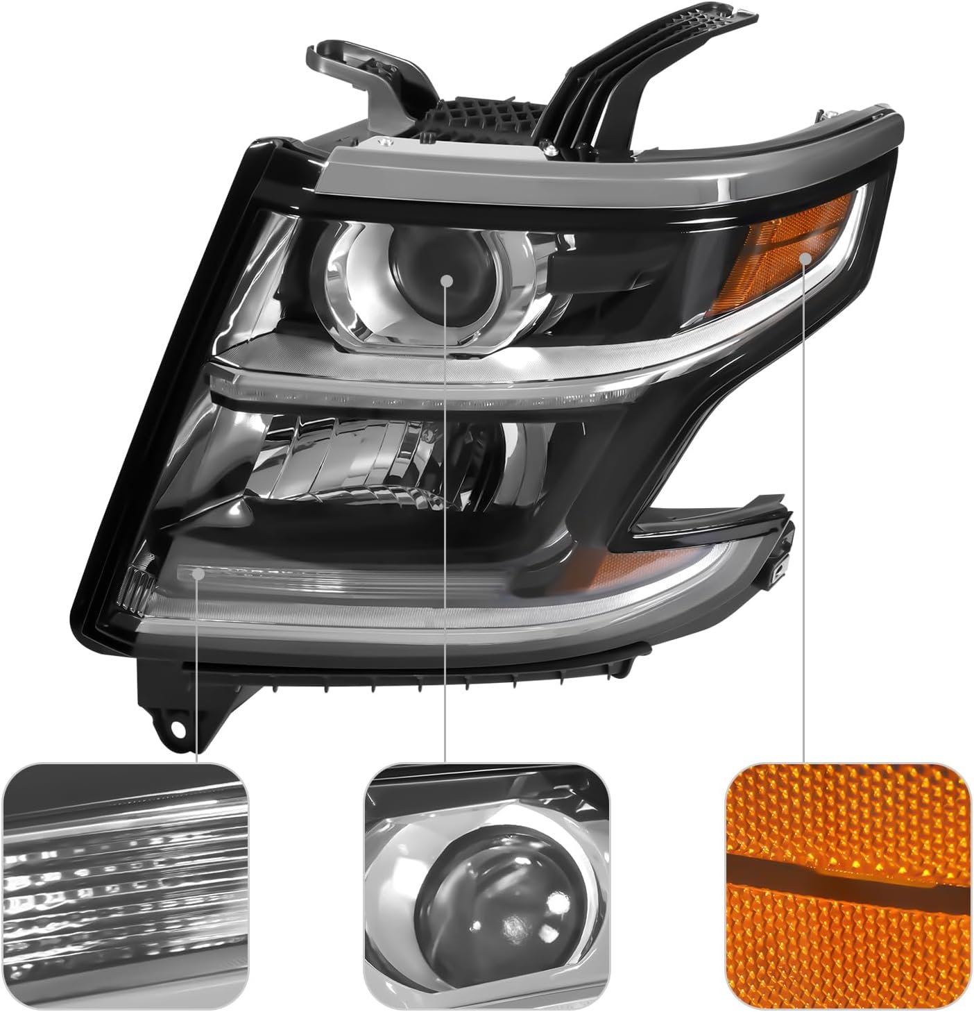 LYNICESHOP Headlight Assembly for 2015 2016 2017 Tahoe Suburban - Halogen Headlight with LED Daytime Running Light & LED Side Marker, Clear Lens Black Housing, OE 23490005 (Left Driver Side)