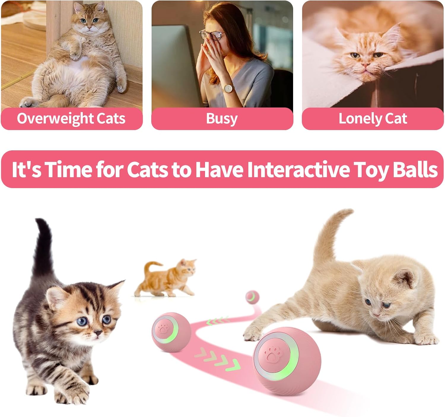 KITPLUS Cat Ball Toy, Interactive Cat Ball, USB-C Rechargeable, Automatic Obstacle Avoidance Pet Toy, Indoor 360° Rotating, Pink 5 71j42kWtB7L. AC SL1500