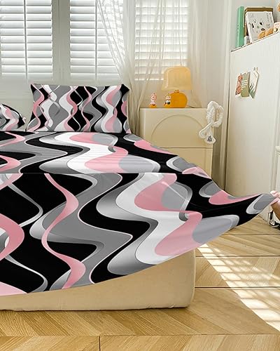 Miniatura 5 de Falda de cama rosa y negra para cama de tamaño Queen, falda de ropa de cama envolvente con volantes de polvo reunido con 2 paquetes de fundas de