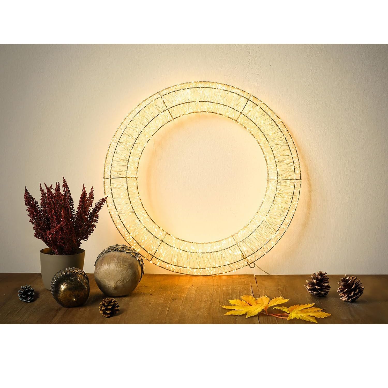 LED Lichterkranz 50 cm 1440 LEDs Warmweiß Timer Weihnachtskranz Leuchtkranz | BURI LED-Drahtkranz IP44 für Tür, Fenster und Außenbereich mit Timer als stimmungsvolle Weihnachtsbeleuchtung außen