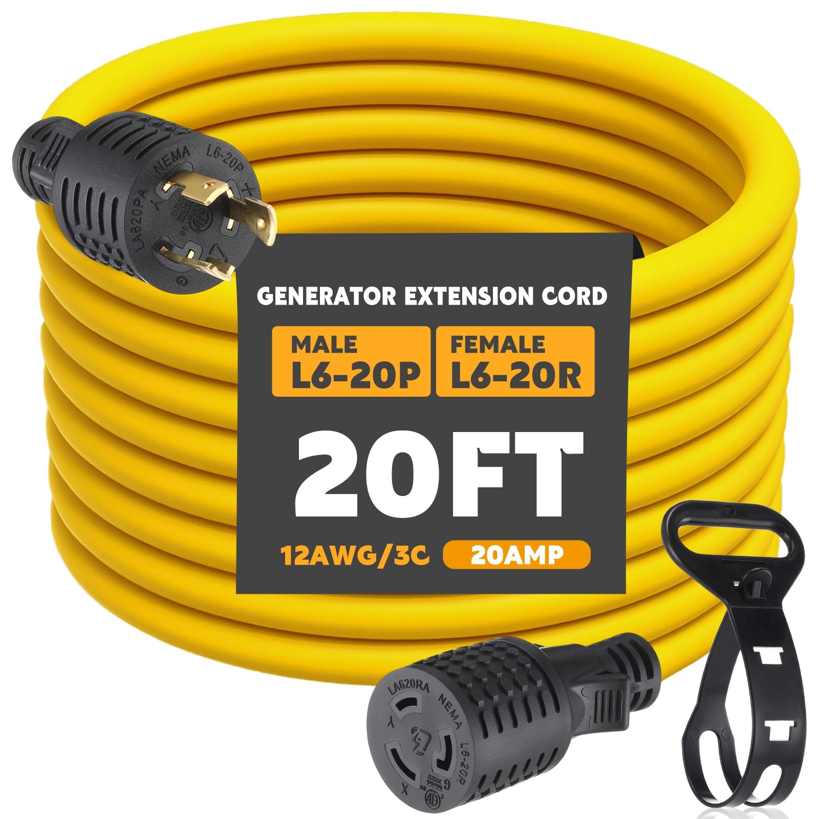 View 1 of ***BAGGED*** Tellegloww L6-20 Extension Cord, 10 ft, Yellow ***STOCK IMAGE FOR SAMPLE***