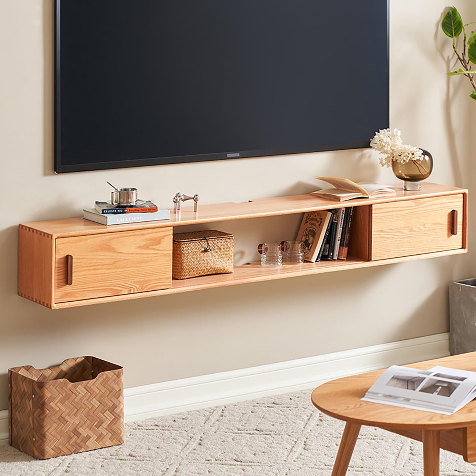 Mobile TV Sospeso, Mobile Porta TV In Legno, Supporto TV Sospeso A Parete, Mobiletto Con Cassetti Per Lettore DVD, Decoder, Console Per Videogiochi(160x25x25cm)
