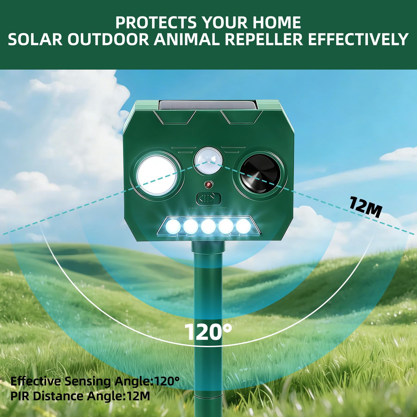 2 Pezzi Dissuasore Gatti, Repellente per Volpi Ultrasonico Solare con Luce LED, 12m 120° Dissuasori per Piccioni Giardino IP65 Impermeabile per Gatti Martore Volpi Cani Procioni