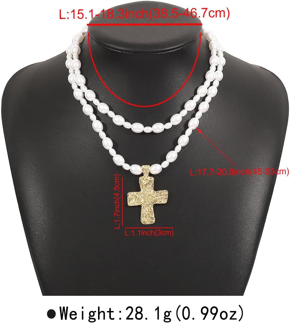Baroque Pearl Beaded Cross Necklace Gold Y2K Chunky Cross Pendant Necklace Layered Pearl Beaded Necklace for Women Costume Jewelry for Christmas Birthday Baptism