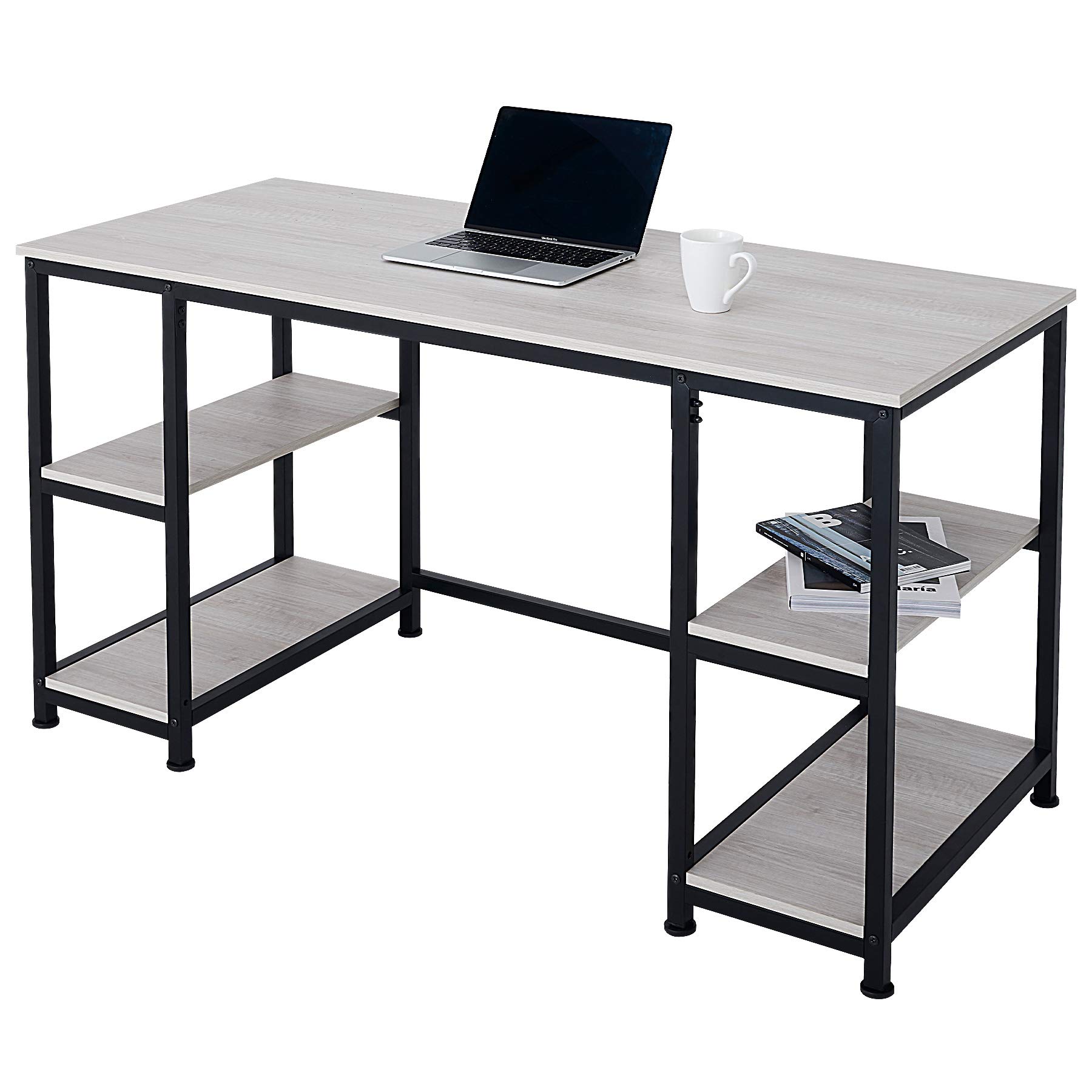 VONLUCE Computer Desk with Shelves, 140x60cm Large Writing Desk Table w Adjustable Shelving, Wood and Metal PC or Laptop Workstation for Home Office More, Industrial Office Desk (le)