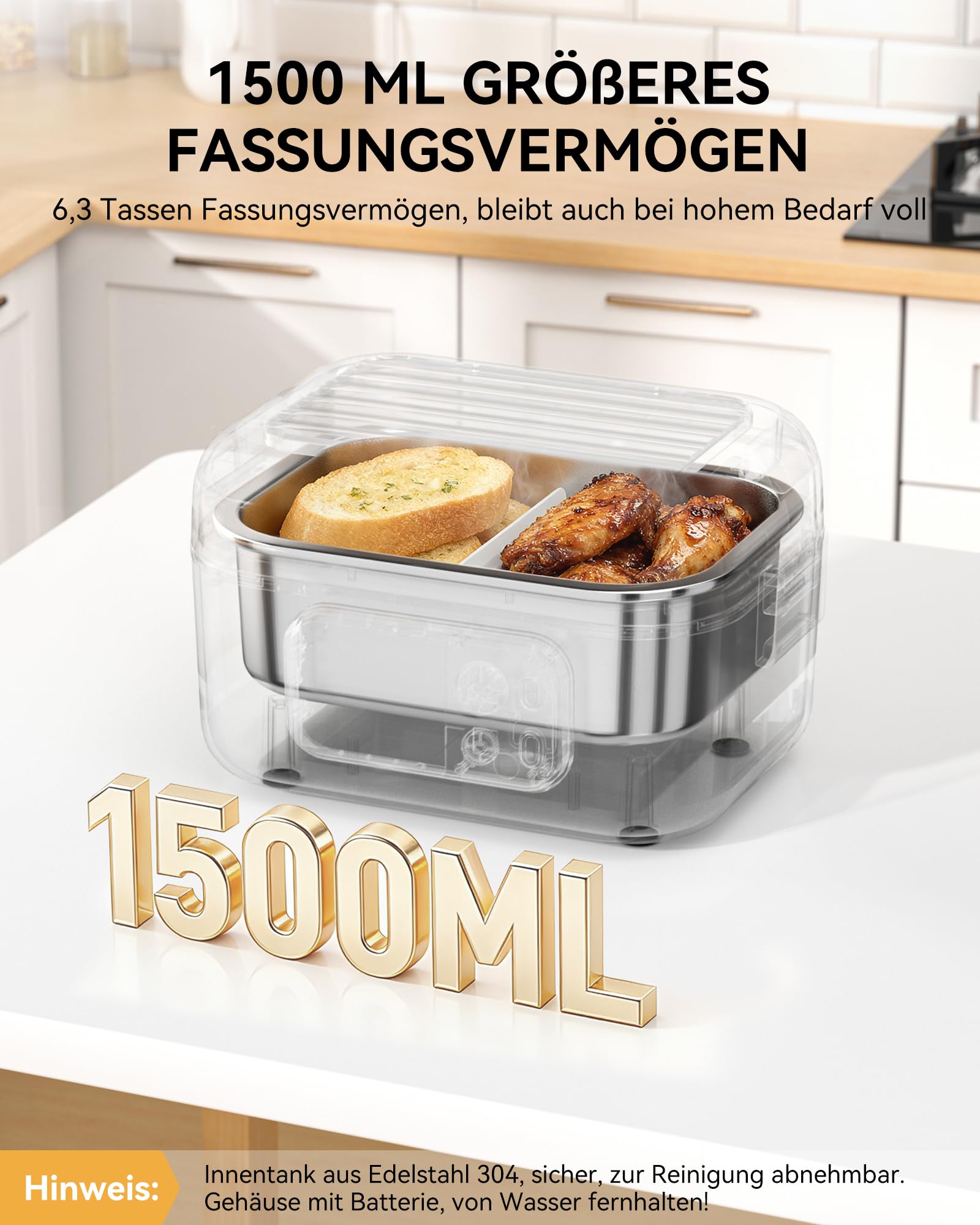 Yofidra Elektrische Lunchbox 1500ml, Heated Lunch Box | mit Akku | Digitalanzeige | Thermotasche | Löffel-Gabel-Kombination | Plastiktrennwand | Herausnehmbarer Trennplatte für Arbeit