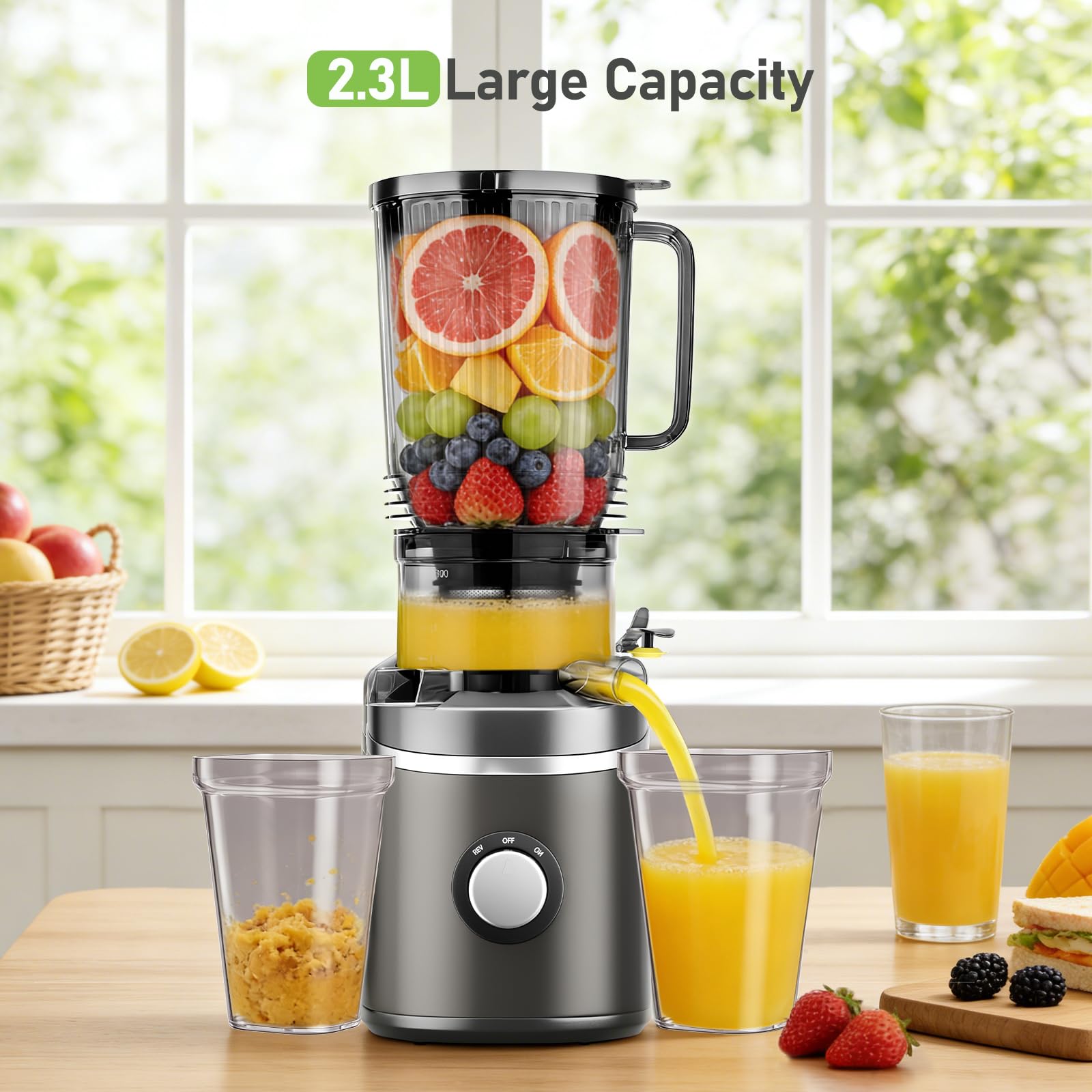 Extractor de Zumo Profesional 120mm, Exprimidor Eléctrico Lento 65RPM con Tritan(Libre de BPA), Slow Juicer 2.3L de Gran Capacidad para Frutas y Verduras - Máximo Nutriente, Incluye Cepillo
