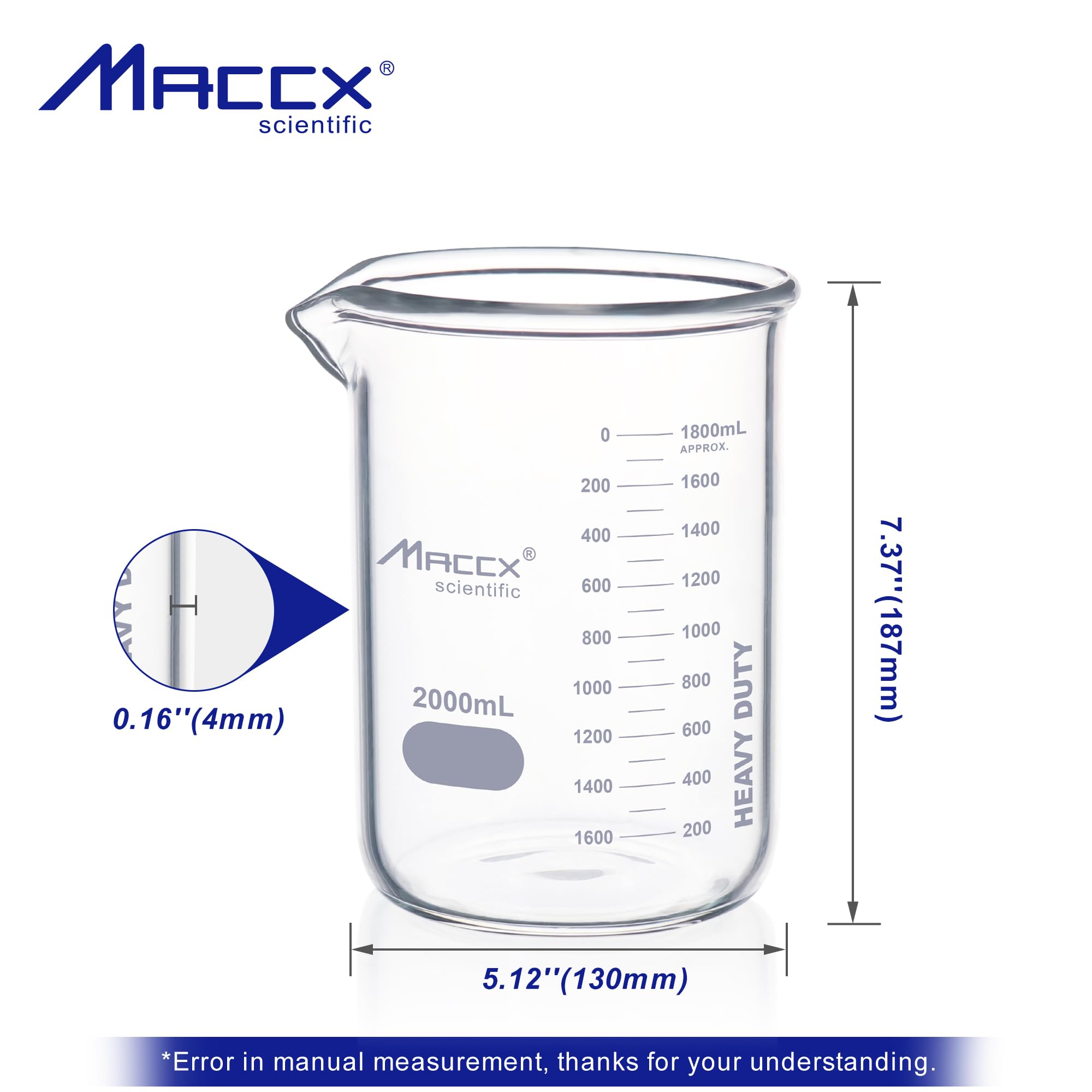 67.6oz(2000ml) Sturdy Glass Beaker, Heavy-Duty 2L Lab Beakers,3.3 Borosilicate Griffin Low Form with Printed Graduation, BKL2K0-001 — Amazon image 4