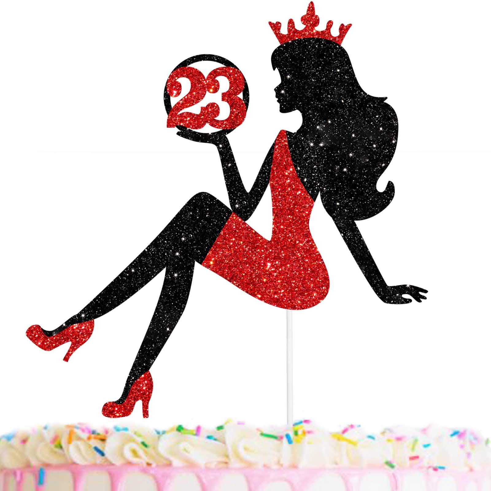 23 Red & Black Sitting Girl Silhouette Cake Topper Decorations with Glamour for Lady 23 Birthday Theme Queen Sexy Party Decor Supplies