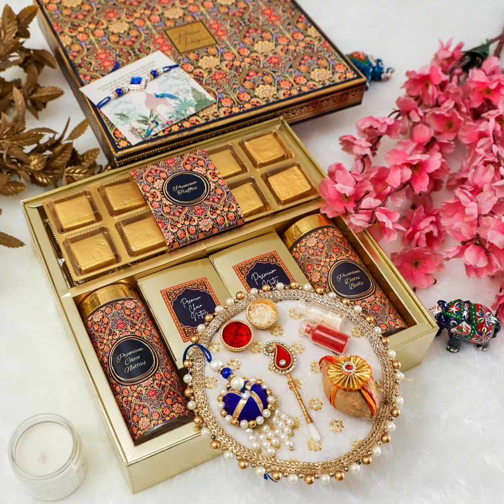 Nutrisnacksbox 13 Item Rakshabandhan Combo with 2 Rakhi and 1 Lumba | Almonds | ButterScotch Chocolates | Choco Nutties Rose Petals | Dates Balls | Pooja Thali with Roli Chawal | Sagun Nariyal | Tikka Stick| Roli Chawal | Greeting Card| Gift for Brother