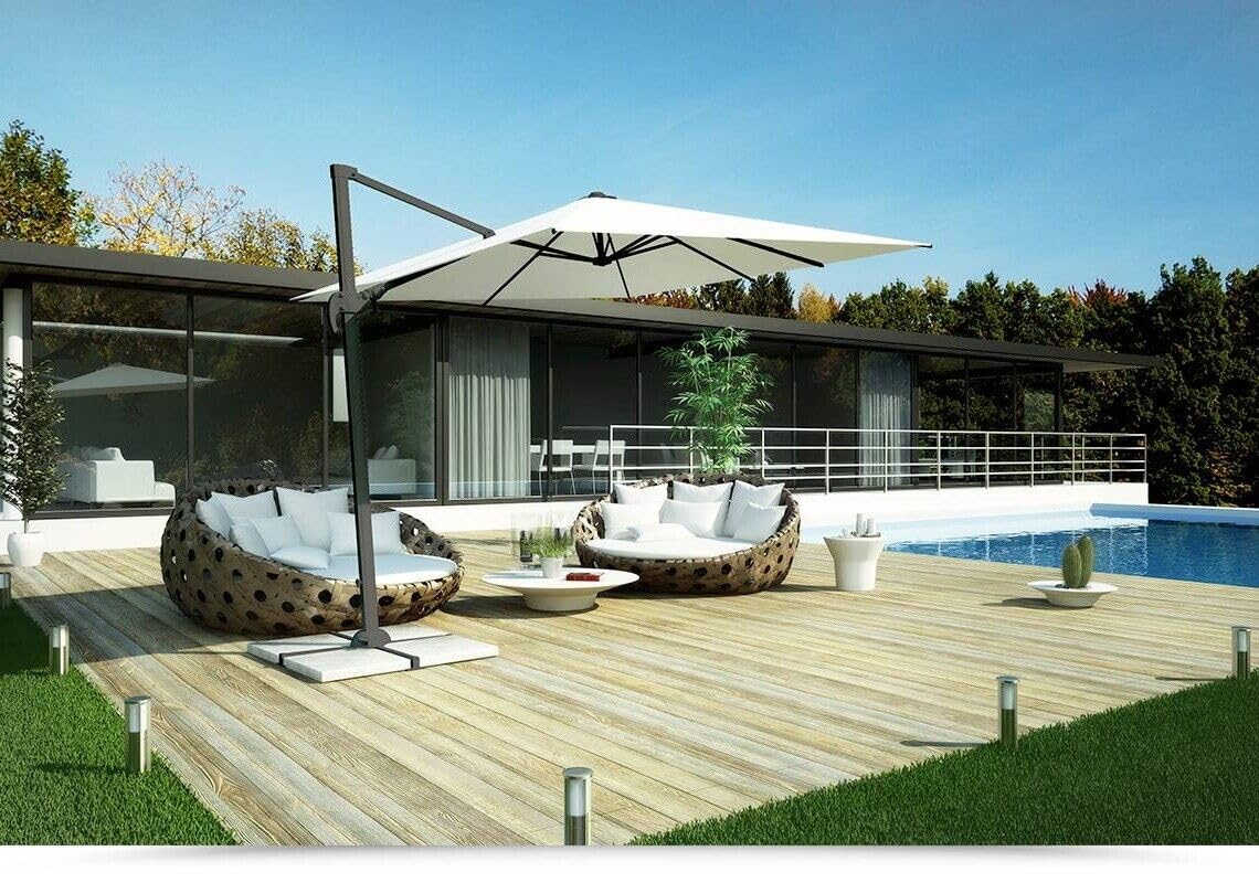 Megashopitalia Ombrellone da Giardino 3X3 MT Ecrù Base Decentrata Alluminio Telo Poliestere 250gr Impermeabile e Rotazione 360 gradi Piscina Giardino Terrazzo Bar Ristorante