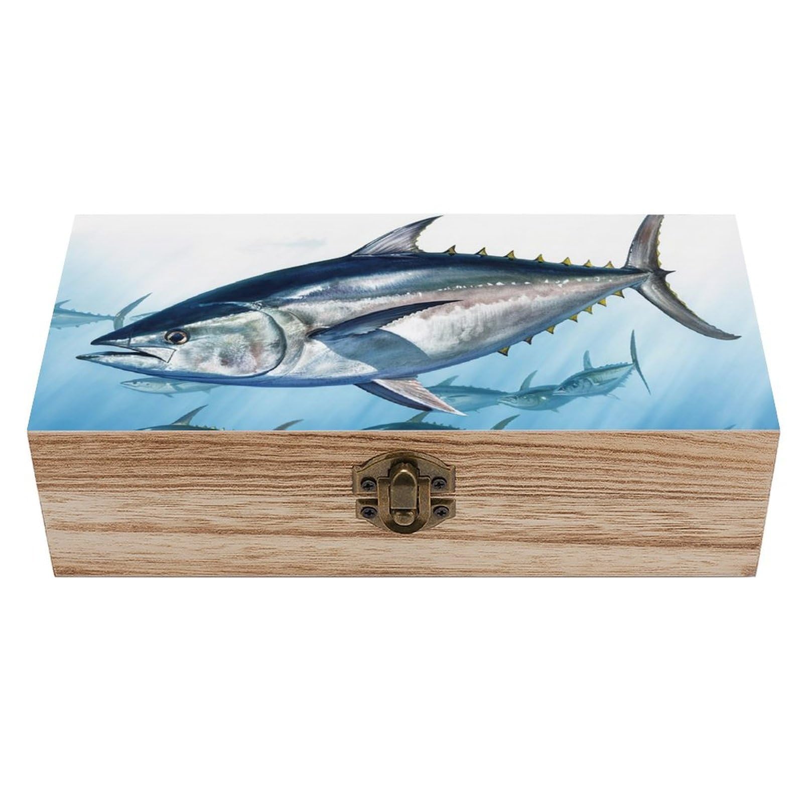 FodPand Bluefin Tuna Thunnus Wooden Storage Box with Lid And Front Clasp Large Office Desk Organizer Wooden Storage Bins Keepsake Box Memory Box Jewelry Box Gift Box for Home Office Desk Decor