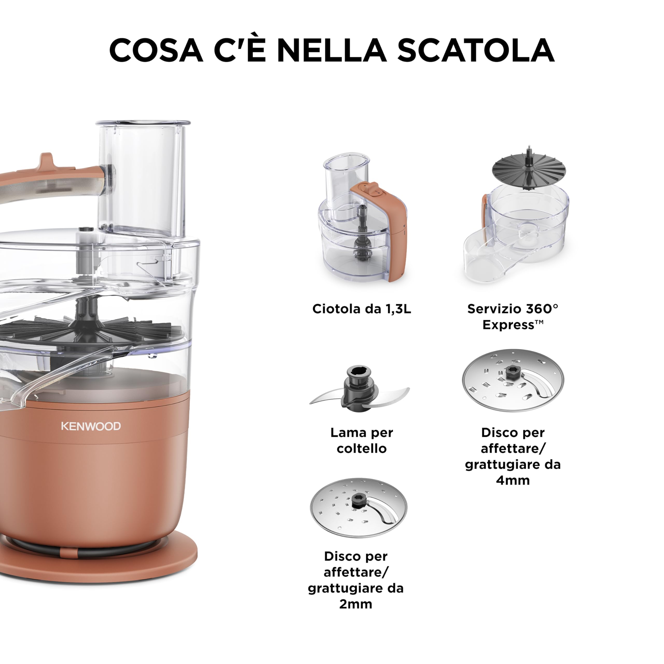 Kenwood MultiPro Compact – Robot da Cucina Multifunzione con Express Serve, Lama in Acciaio Inox, Dischi Affetta e Grattugia, Funzione Pulse, Rosso Argilla (FDP23.140RD)
