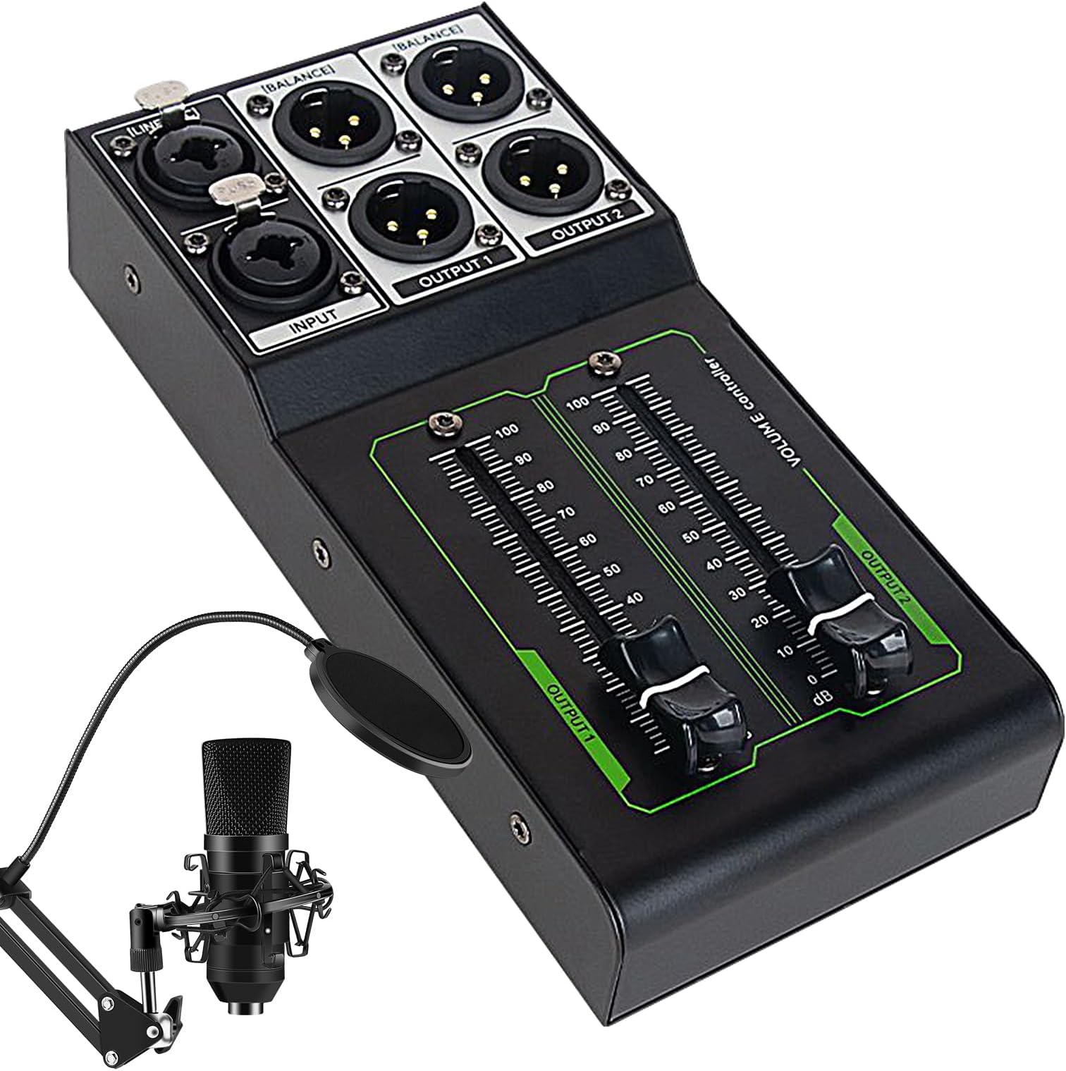 Studio Monitor Controller, Passive Professional Volume Controller & 1 Input 2 Output Audio , 70 mm Fader for Precise Sound Control in Studio Recording and Home Audio Systems