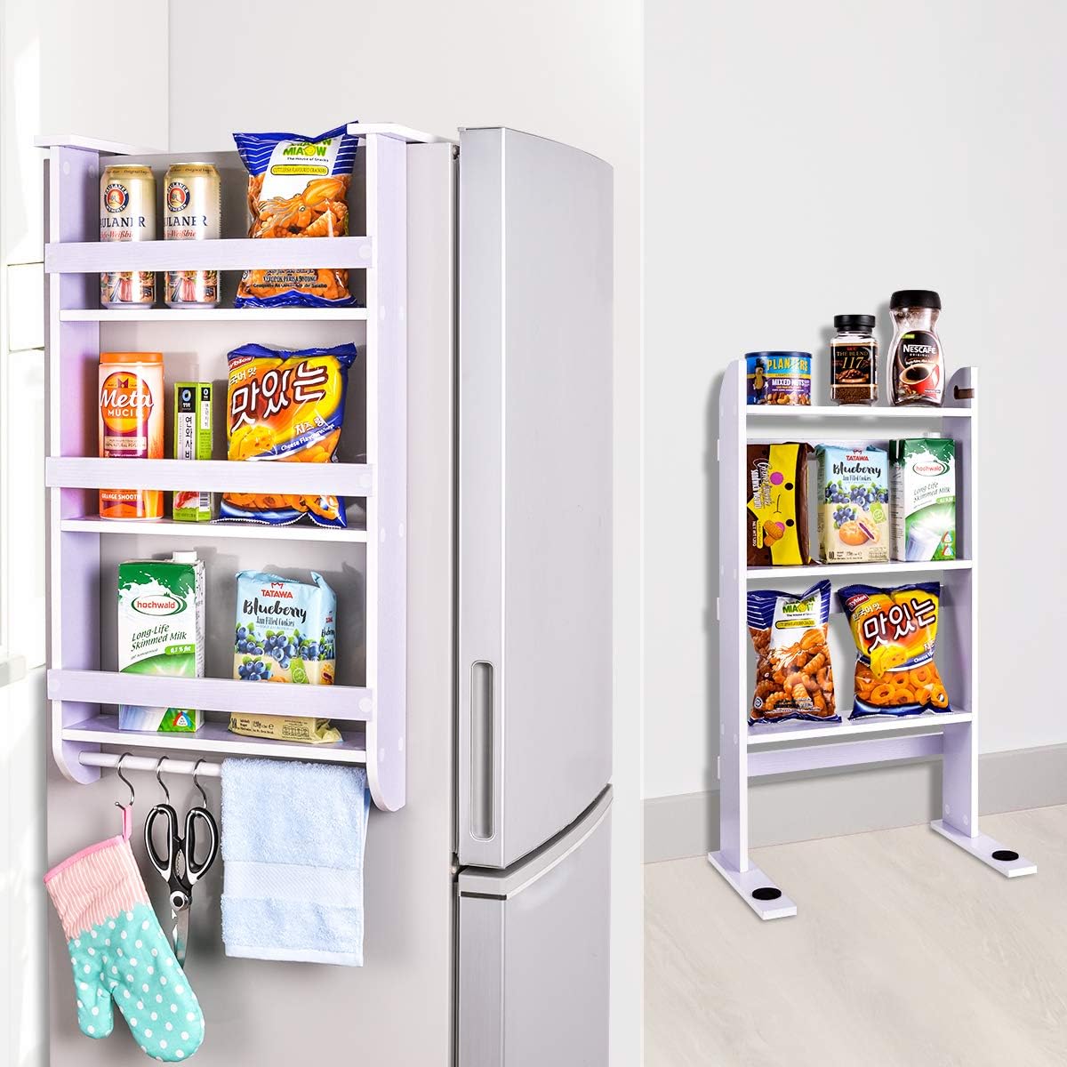 ElevenII Rack Fridge Wood Organizer, Refrigerator Side Storage Rack, Rustproof Spice Jars Rack Kitchen Storage Wrap Organizer Refrigerator Shelf Storage Adjustable Cabinet Door Mount