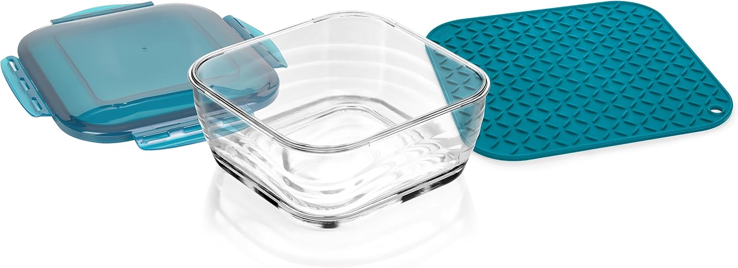 Genius Nicer Dicer Chef Professional Food Storage Box Glass Bowl with Lid, Set of 3 Accessories, 2.8 L Capacity, Includes Silicone Mat, Non-Slip Mat, Casserole Tray, Oven Safe