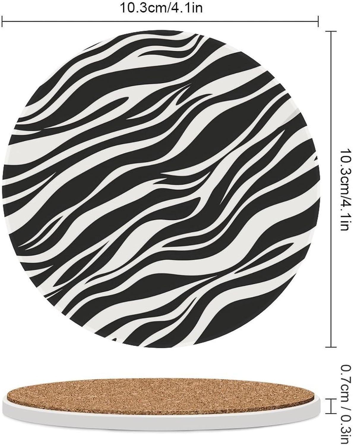 Zebra Pattern Round Ceramic Coasters Print Drinks Absorbent with Cork Base for Home Decor Gifts 4 Inch