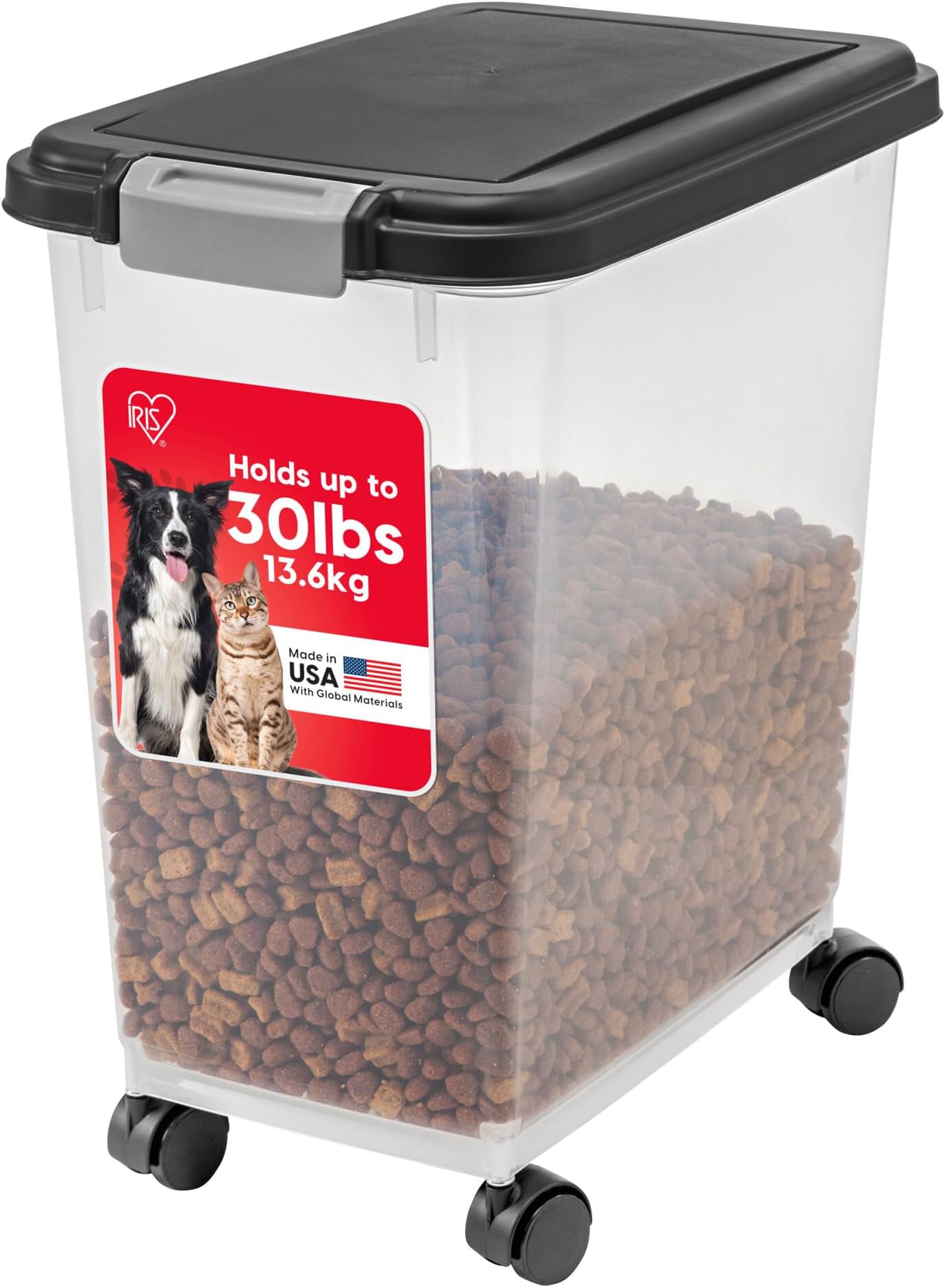 IRIS USA Airtight Pet Food Storage Container with Wheels, Black, 30 lb Capacity - BPA-Free Clear Plastic Bin with Snap-Lid Seal to Keep Kibble, Pellets or Seeds Fresh for Dogs, Cats and Birds