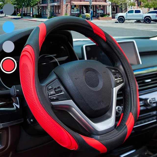 Car Steering Wheel Cover - Sportage Leather Steering Wheel Cover Universal Size M 37-38cm /14.5-15inch, Anti-slip, Breathable, Red