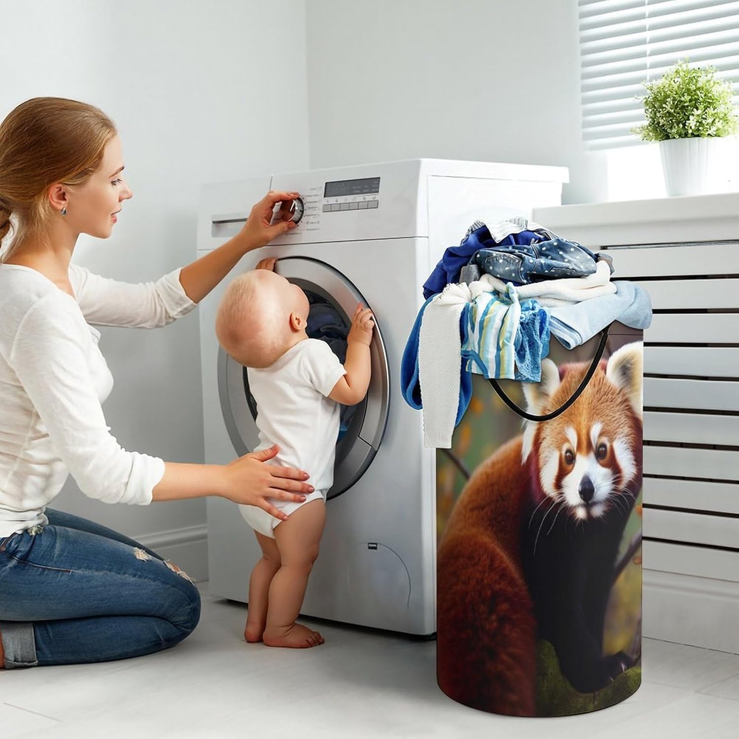Red Panda Laundry Basket Freestanding Laundry Hamper with Handles Waterproof Dirty Clothes Hamper Collapsible Washing Bin Aesthetic Clothes Basket for Bathroom Bedroom Dorm