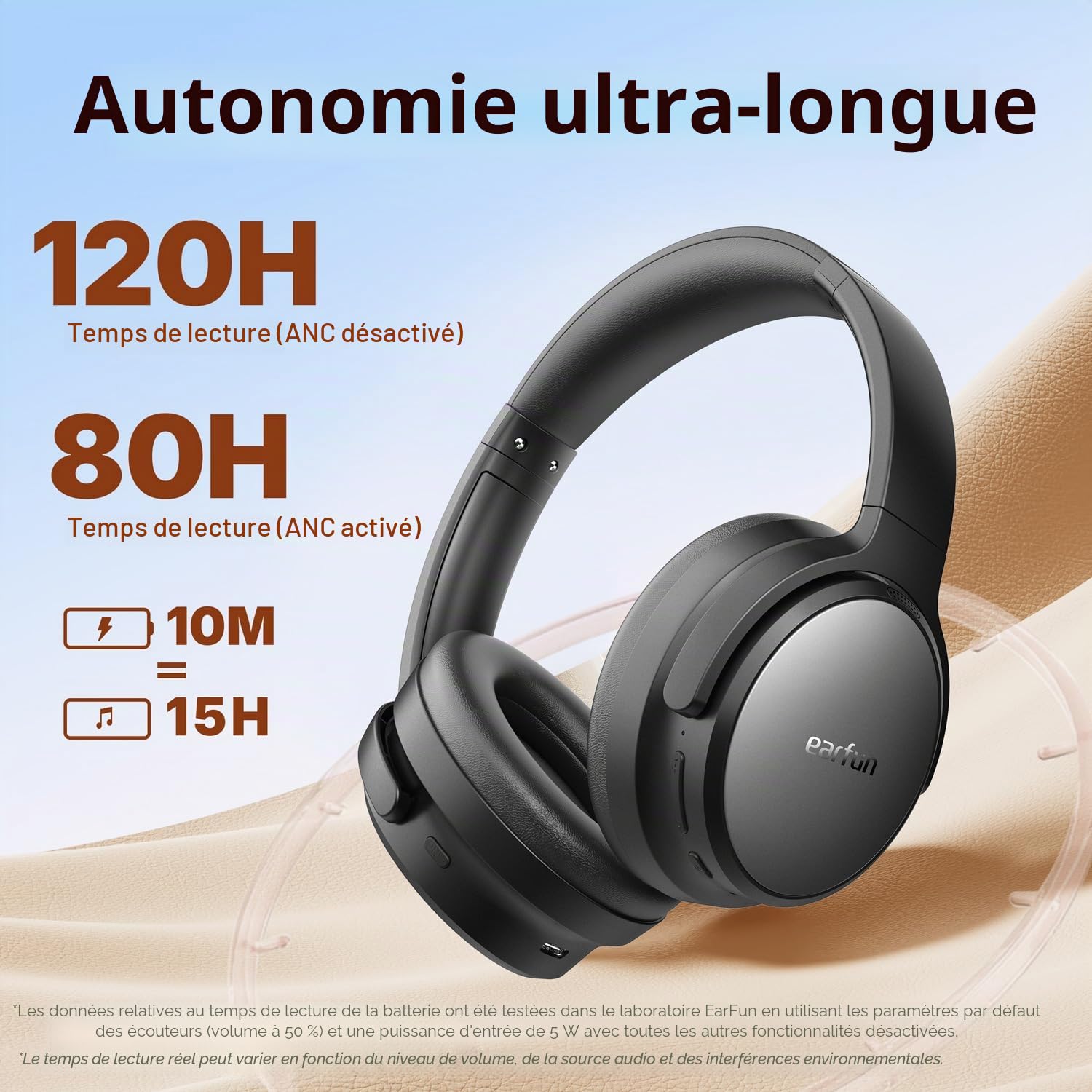 EarFun Tune Pro Casque Bluetooth sans Fil, Casque Réduction Active de Bruit | Hi-Res Audio, Double Haut-Parleur, Autonomie 120 H, Basses Profondes, Bluetooth 5.4, Personnalisation Via App, Noir