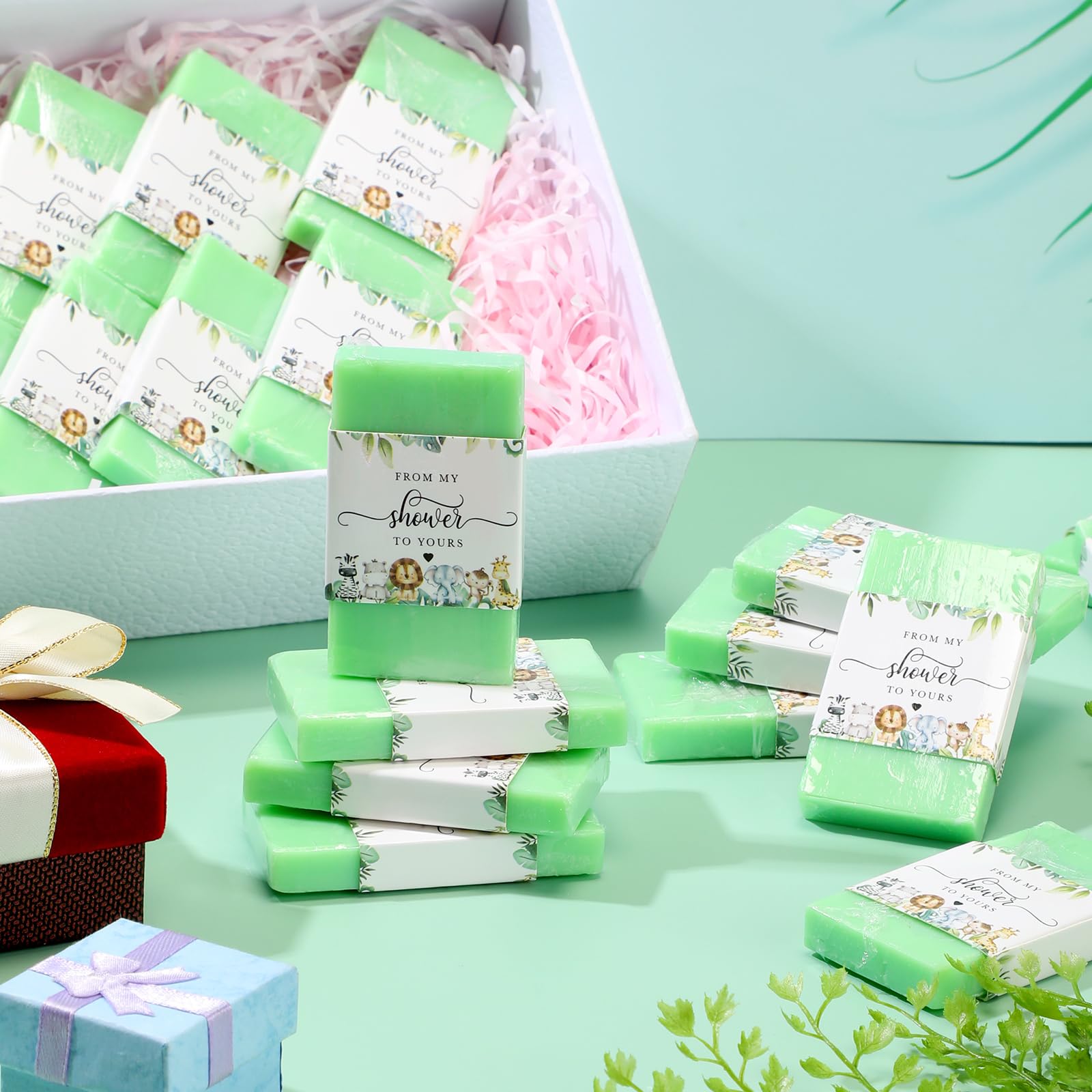 Demissle 50 saponette per baby shower con etichette a tema animali della giungla safari profumate verdi mini saponi fatti a mano per bomboniere ospiti decorazioni ricordo festa