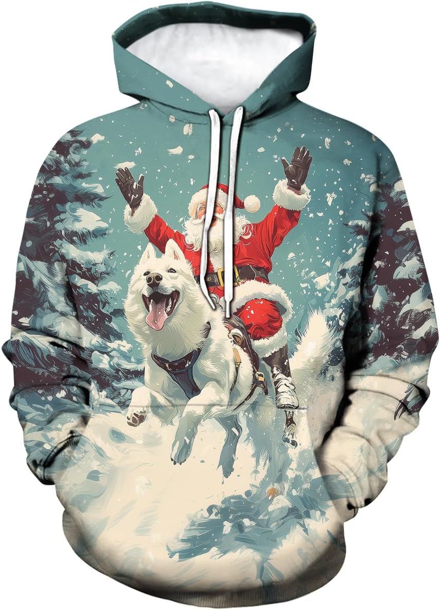 Men's Christmas Dog Hoodies Funny Santa Claus Hooded Pullover Casual 3D Print Long Sleeve Sweatshirt Hoody