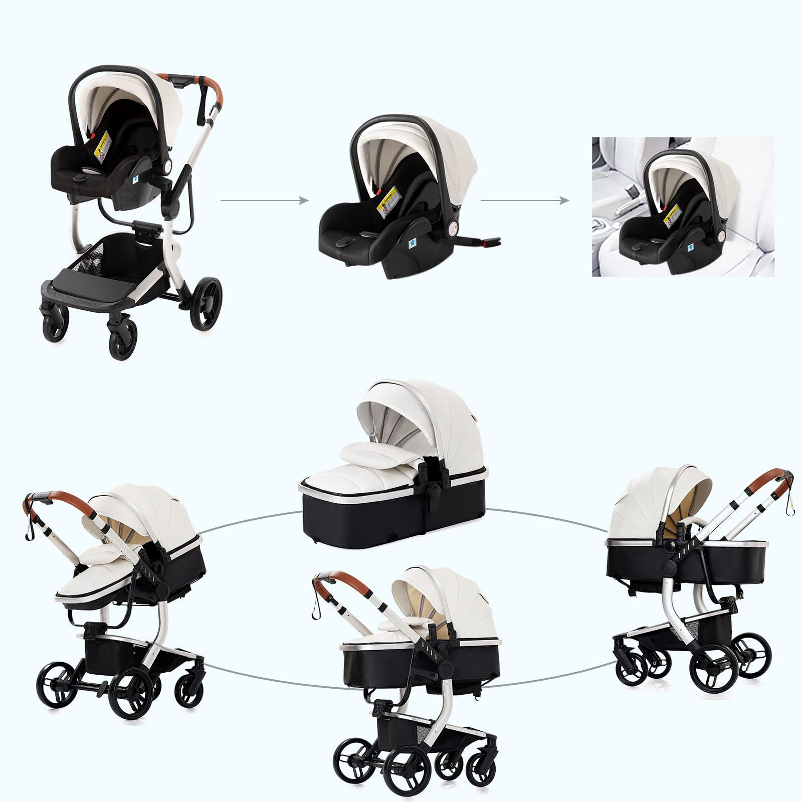 3 en 1 Sistemas de Viaje Silla de Paseo Carrito con Capazo Cochecito de Bebé Reclinable Cochecito de Bebé Plegable Cuna de Bebé Cochecito de Recién Nacido (518 White)