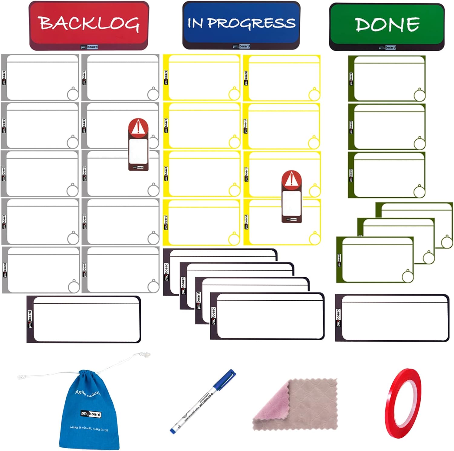 Home Kanban Board Set, Scrum Board Set, Scrum Kit, Full Kanban Board Kit with Kanban Magnets for Individual Use at Home, Office and School. Full Agile Magnetic Cards Kit, 39 Pieces Agile Kit