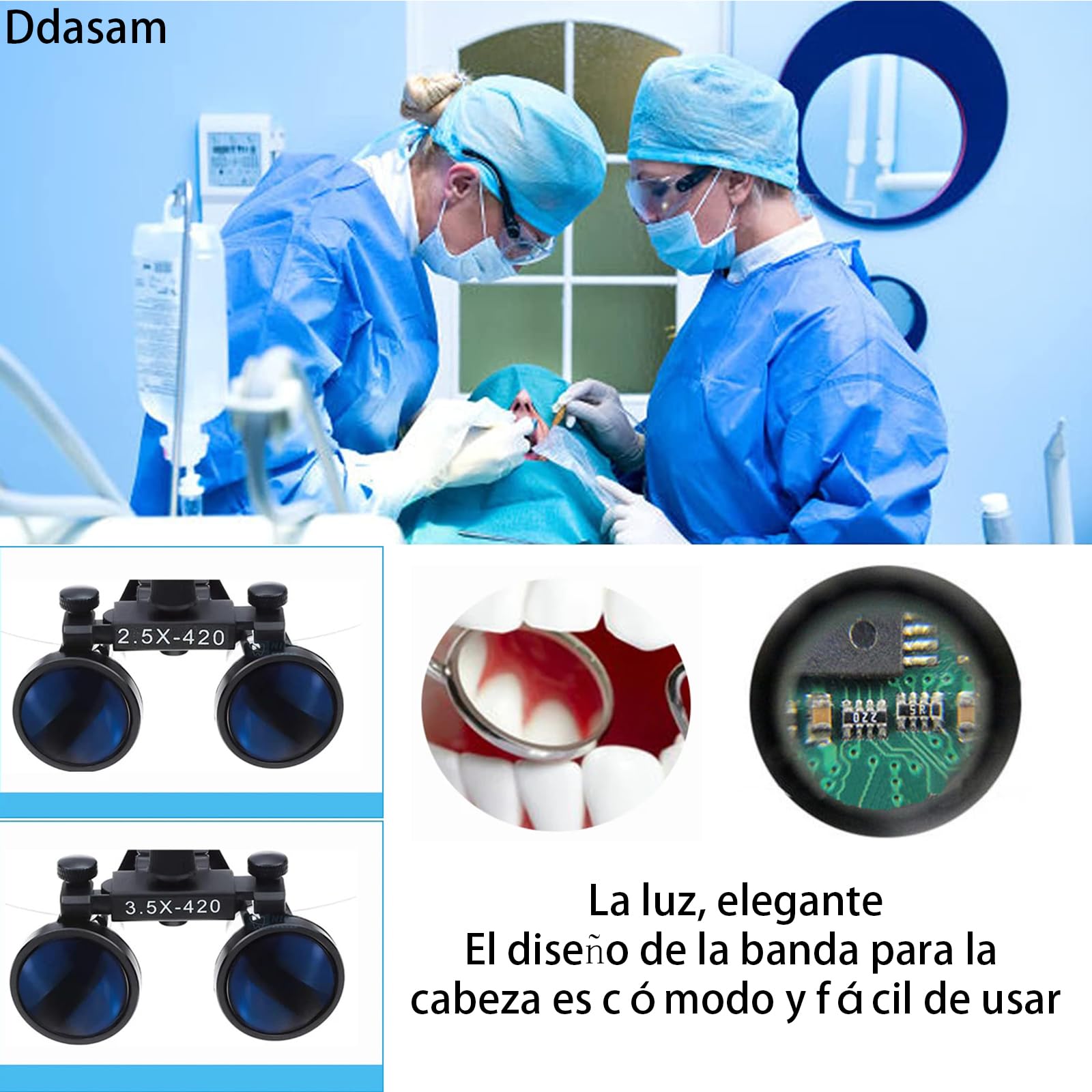 Lupas dentales binoculares con luz 3.5x 420 mm distancia interpupilar ajustable