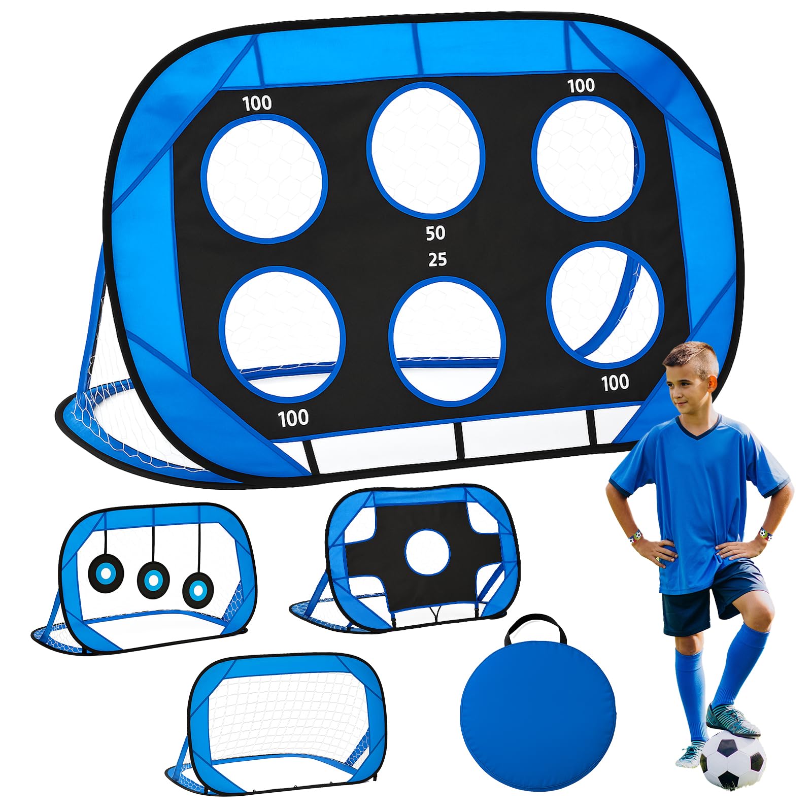 Kids Football Goal 4 Modes, Pop Up Football Target Garden Net Portable Soccer Post with Carry Bag, Gifts for Boys Girls Training Equipment Indoor Outdoor Beach Play Game 120 * 80cm (Blue and Black)