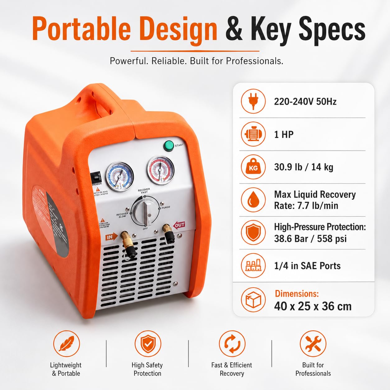 Máquina de recuperación de refrigerante 220-240 V, unidad de recuperación de CA portátil para HVAC automotriz, extracción de vapor y líquidos, diseño eficiente y compacto