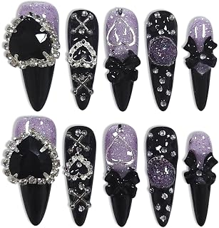 Long Stiletto Press on Nails, Purple, Size M | Chrome, Heart Chain