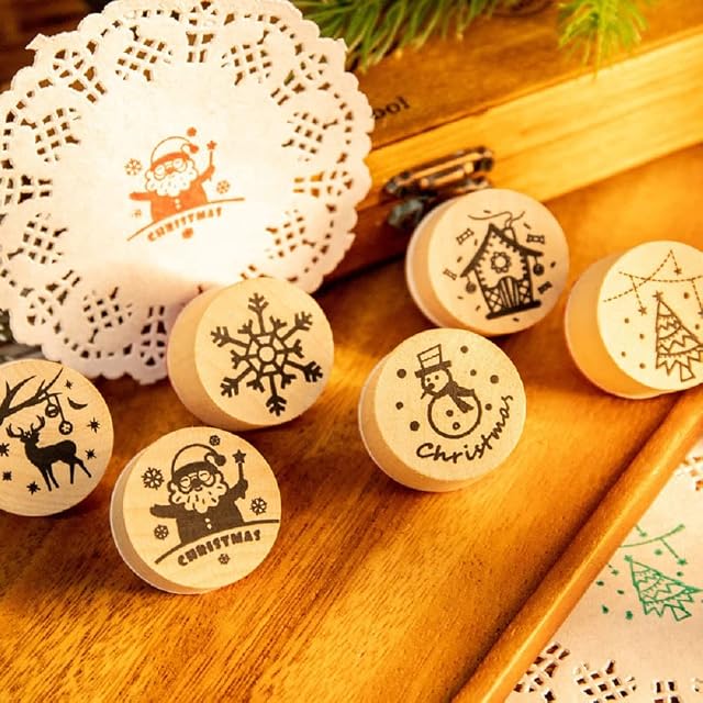 E-ASUM 6Pcs Wooden Christmas Stamps for Kids Crafting Card Making Painting, 6 Styles Christmas Stamps for DIY Letter Card Making, Birthday Gift, Christmas Party Bag Fillers Favor Supplies Xmas