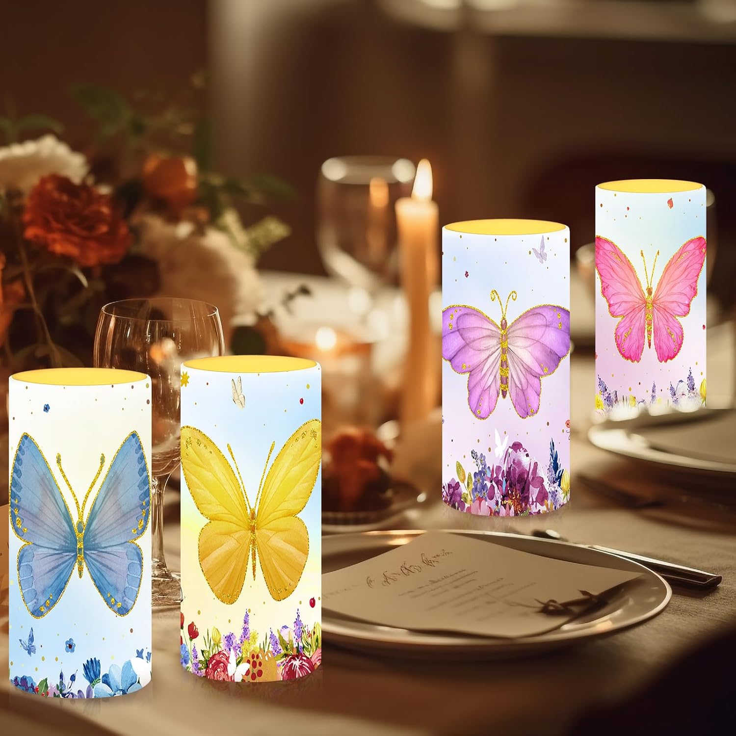 Tiamon Butterfly Flameless Candles Led Butterfly Candles Battery Operated Purple Flickering with 18-Key Remote Timer Pillar for Garden Flower Plants Party Table Decorations