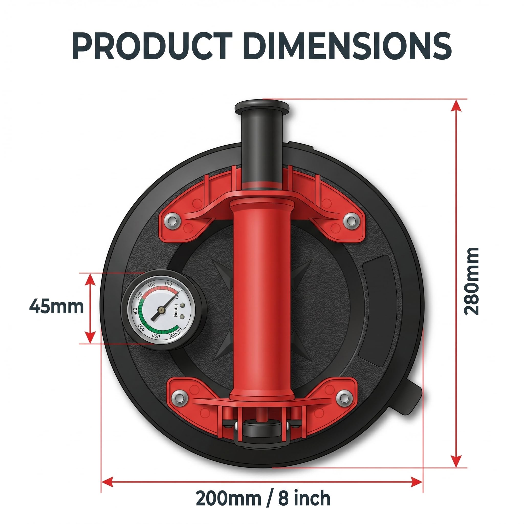 Saugheber Fliesen mit Manometer, Vakuum Saugheber Set, Fliesensaugheber | 200kg Tragkraft, 8 Zoll, Pump-Saugheber, Plattenheber für Fliesen, Glas, Feinsteinzeug, Granit & Fenster,mit Werkzeugkasten