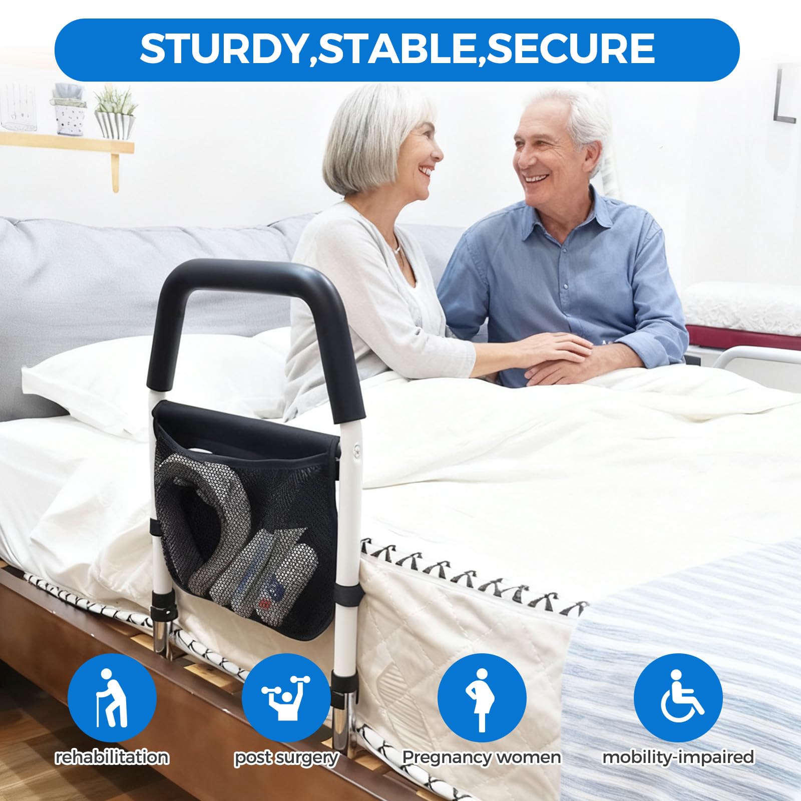 Binario di supporto per letto per anziani e adulti, con borsa per riporre oggetti | Protezione anticaduta di supporto per corrimano laterale per anziani e persone incinte indipendenti