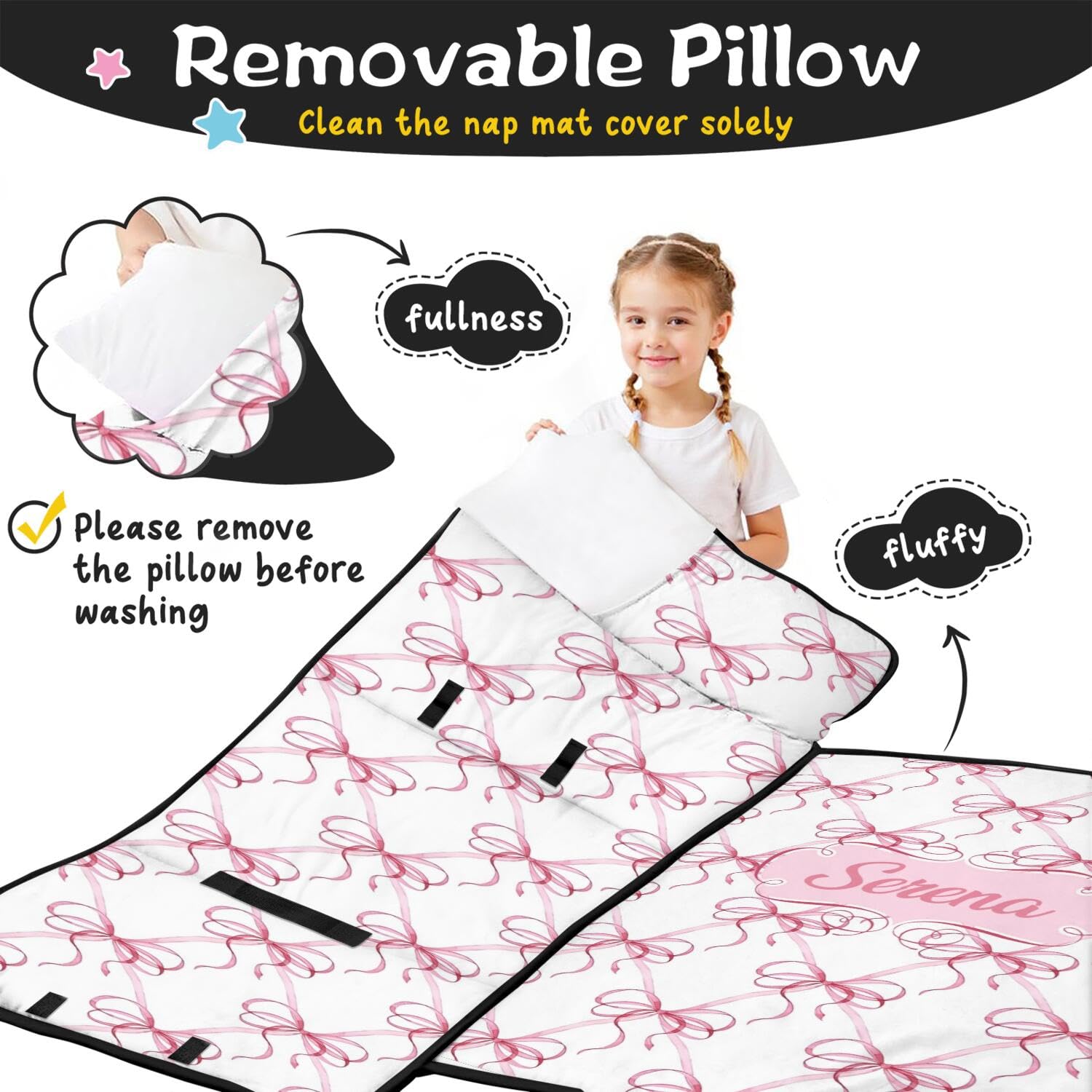 Personalized Toddler Nap Mat with Name – Custom Pink Bow Sleeping Bag with Pillowcase & Blanket for Girls – Ideal Slumber Bags for Daycare, Preschool & Kindergarten