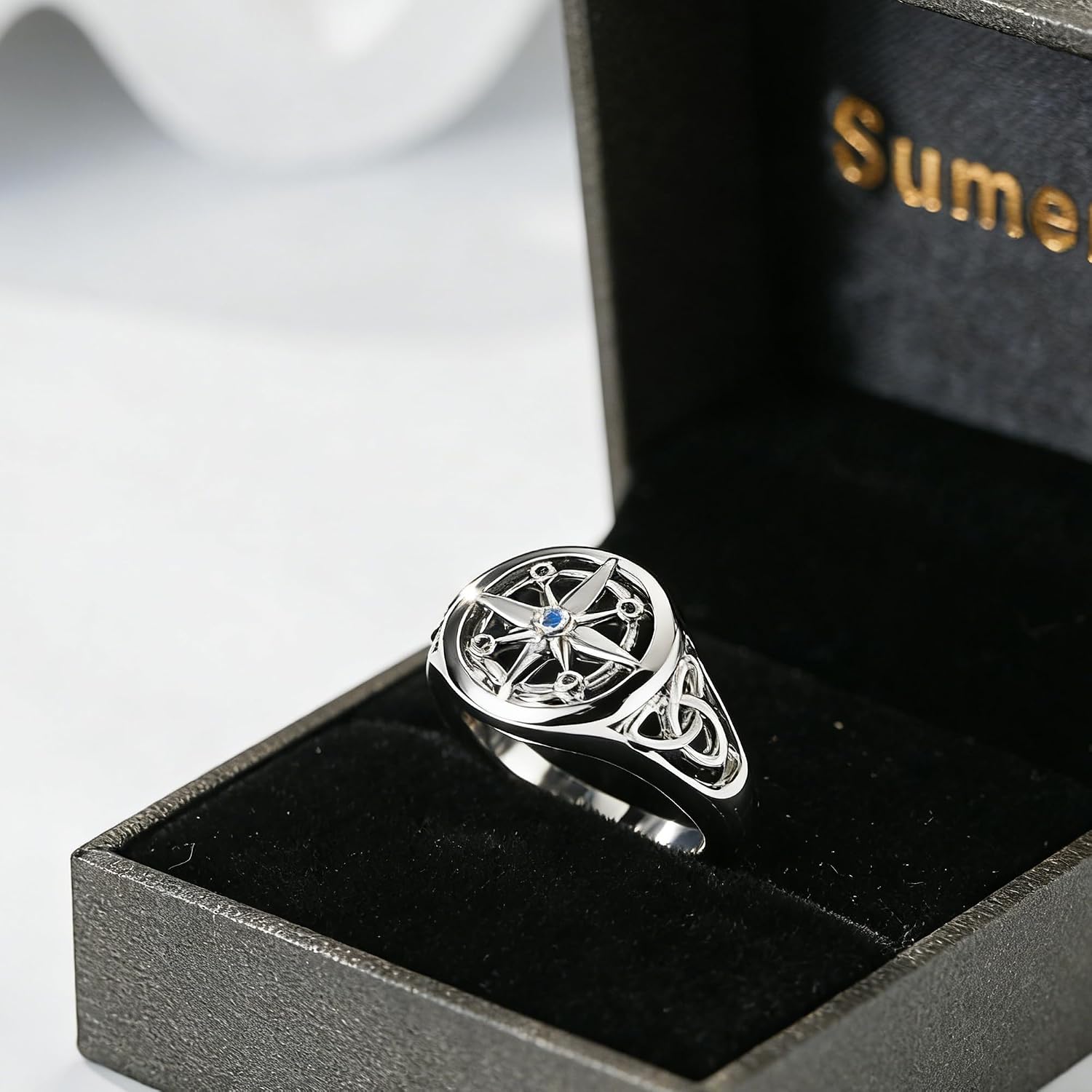 925 Sterling Silver Compass Ring, Adjustable Celtic Knot Band with Blue Sapphire Accent, Vintage Nautical Star Signet Ring for Men Women, Meaningful Guidance Jewelry Gift
