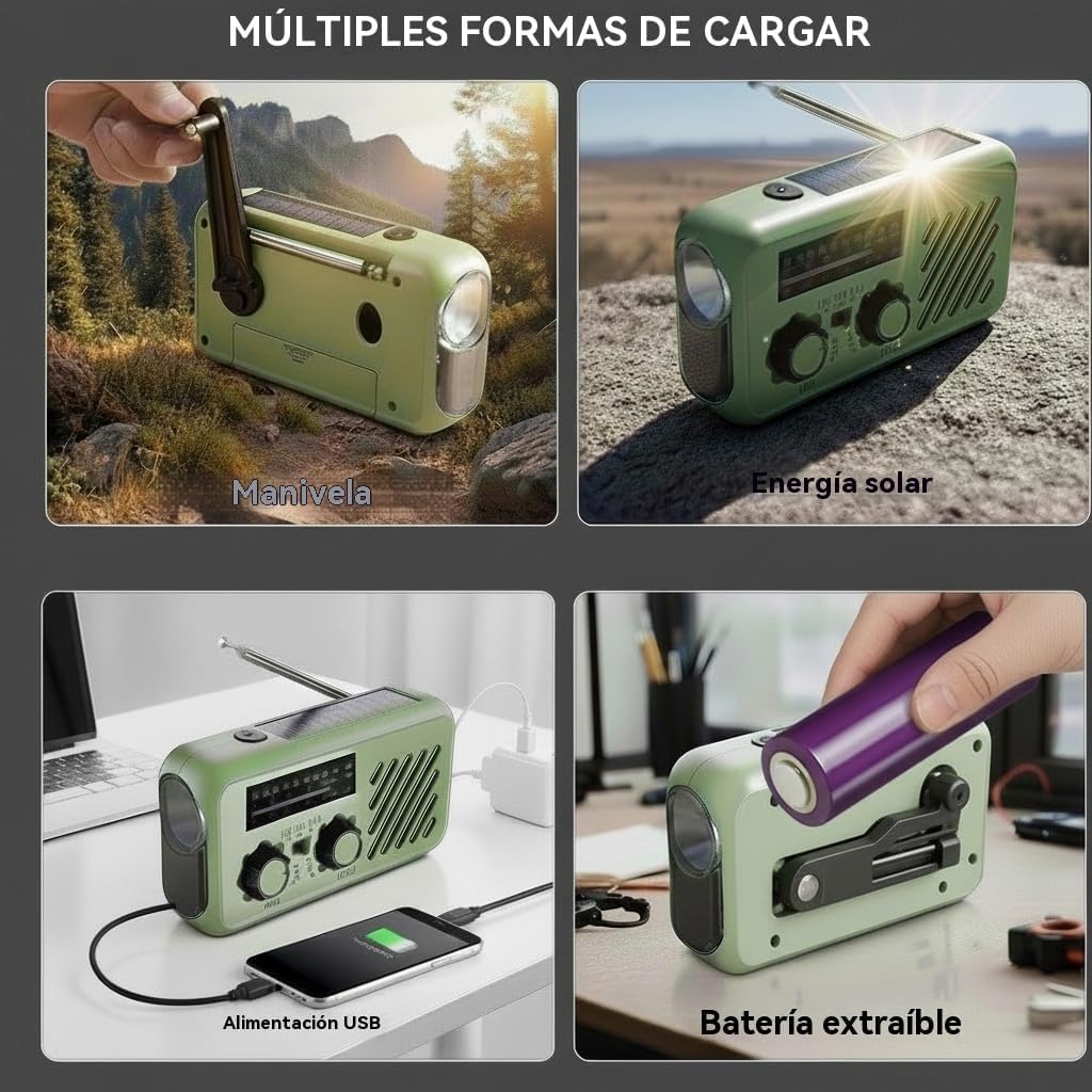 Radio de Emergencia Solar y Manivela, Radio FM/AM Portátil con Linterna LED, Luz de Lectura y Powerbank 2000mAh, Alarma SOS – Ideal para Camping, Regalo Hombre y Apagones